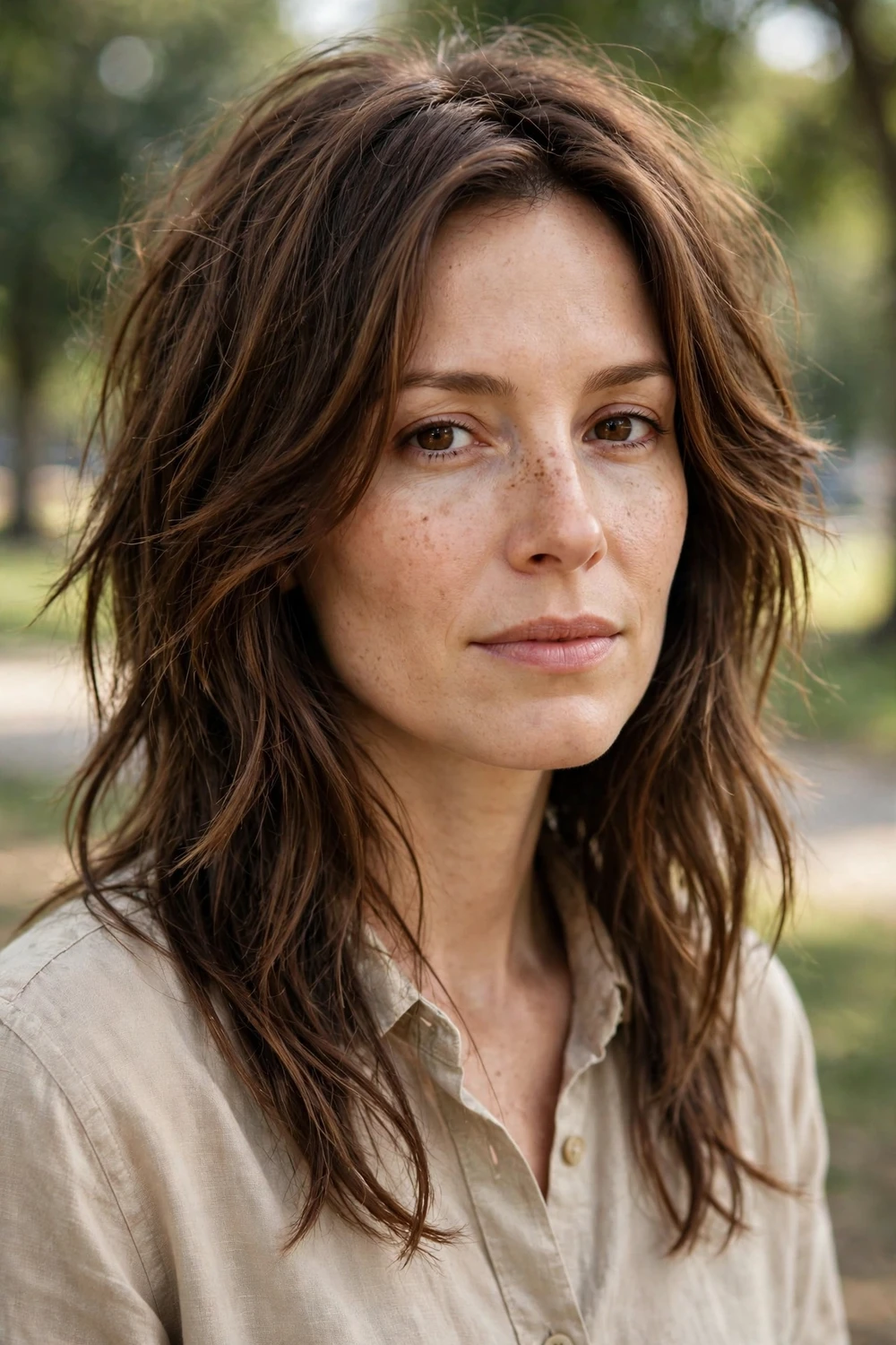 Woman with long brown hair with a jagged U-cut and textured uneven ends, back view