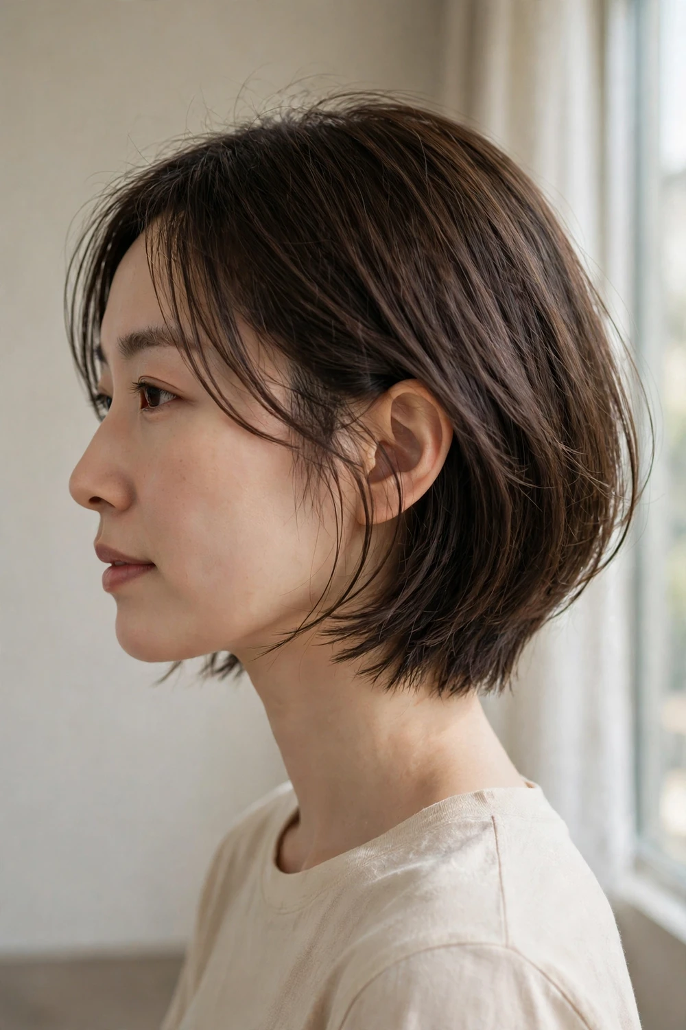 Woman with dark brown hair in a minimalist Japanese bob with wispy layers