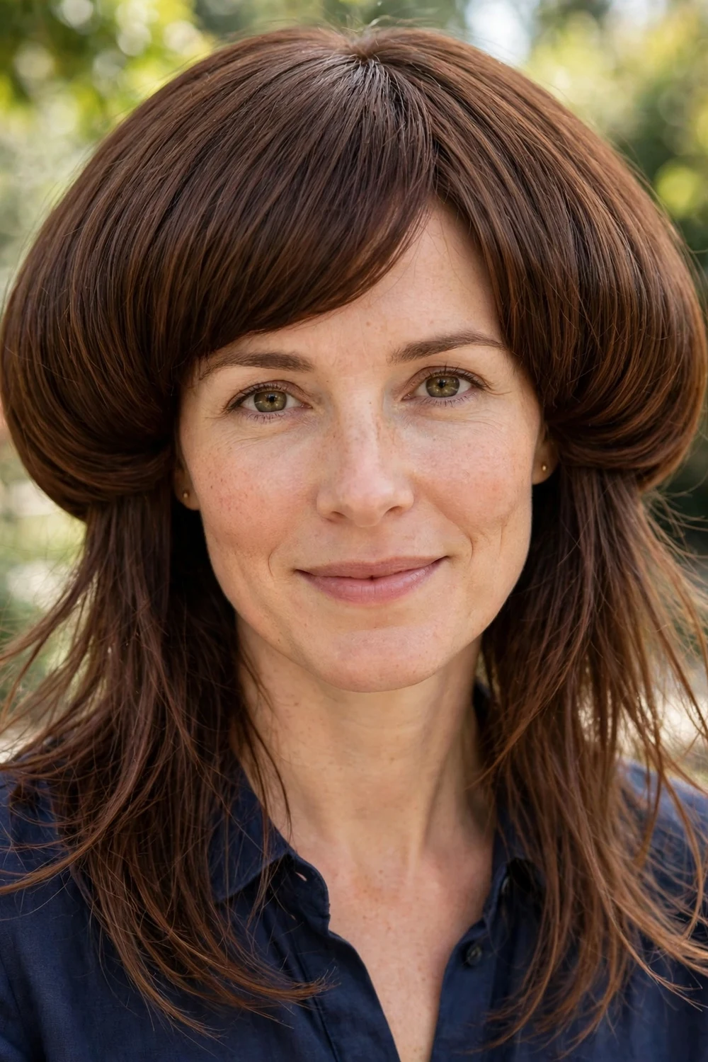 Woman with a jellyfish bob haircut with bowl-like top layer