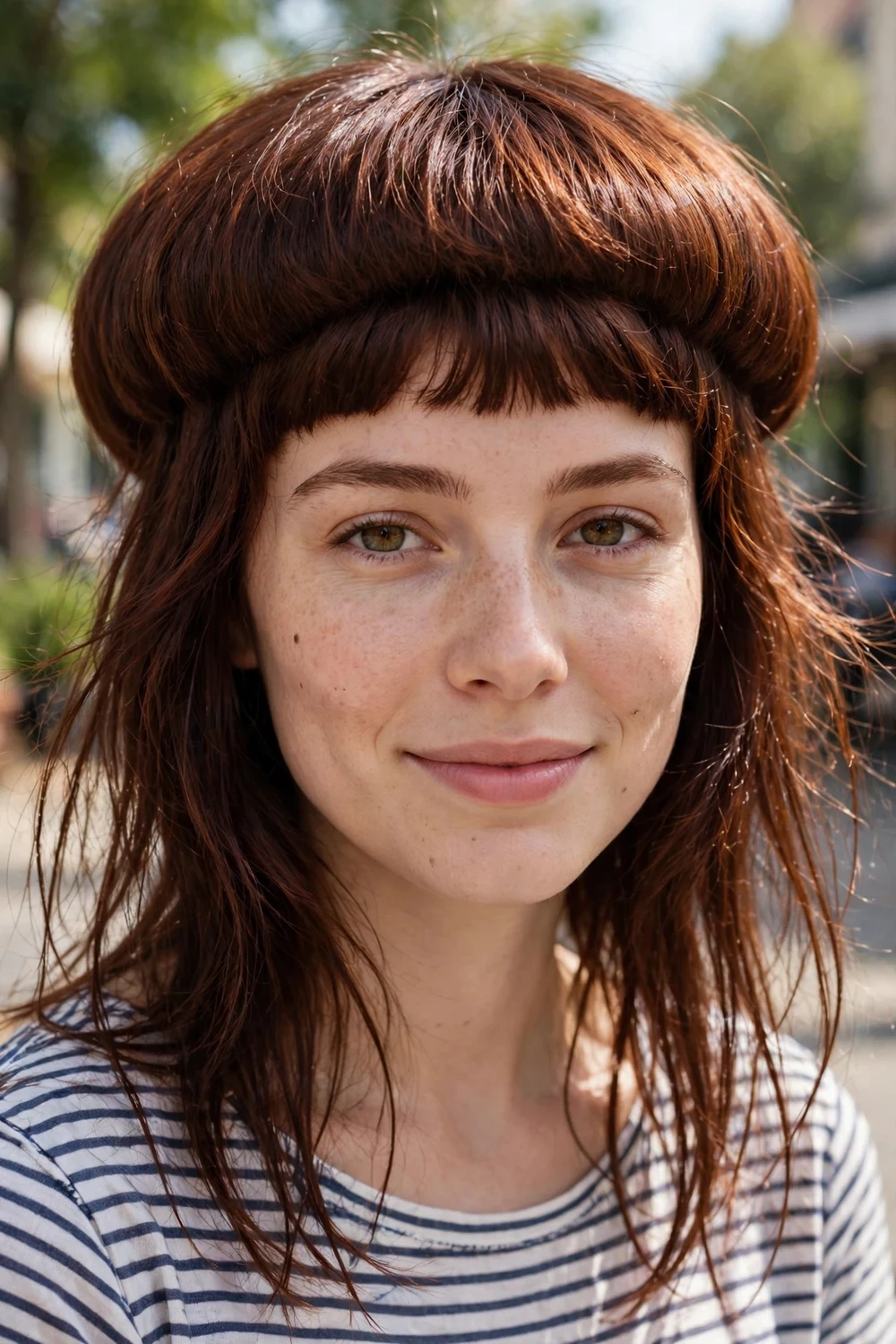 Woman with a jellyfish haircut paired with blunt bangs