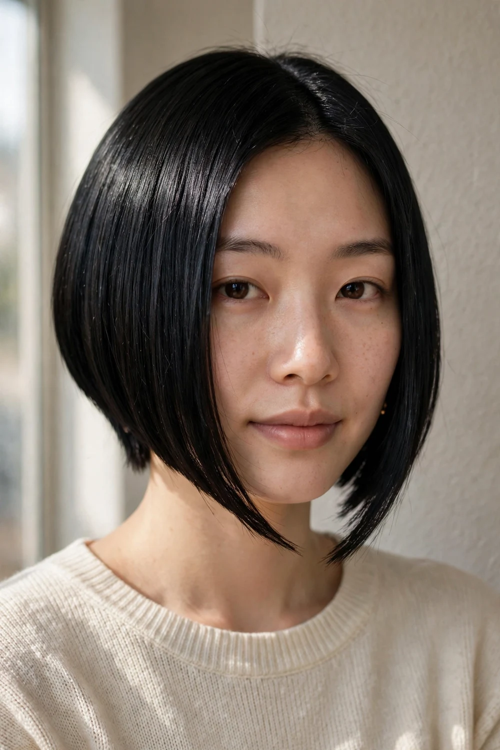 Jet-black A-line bob with sharp precise angle