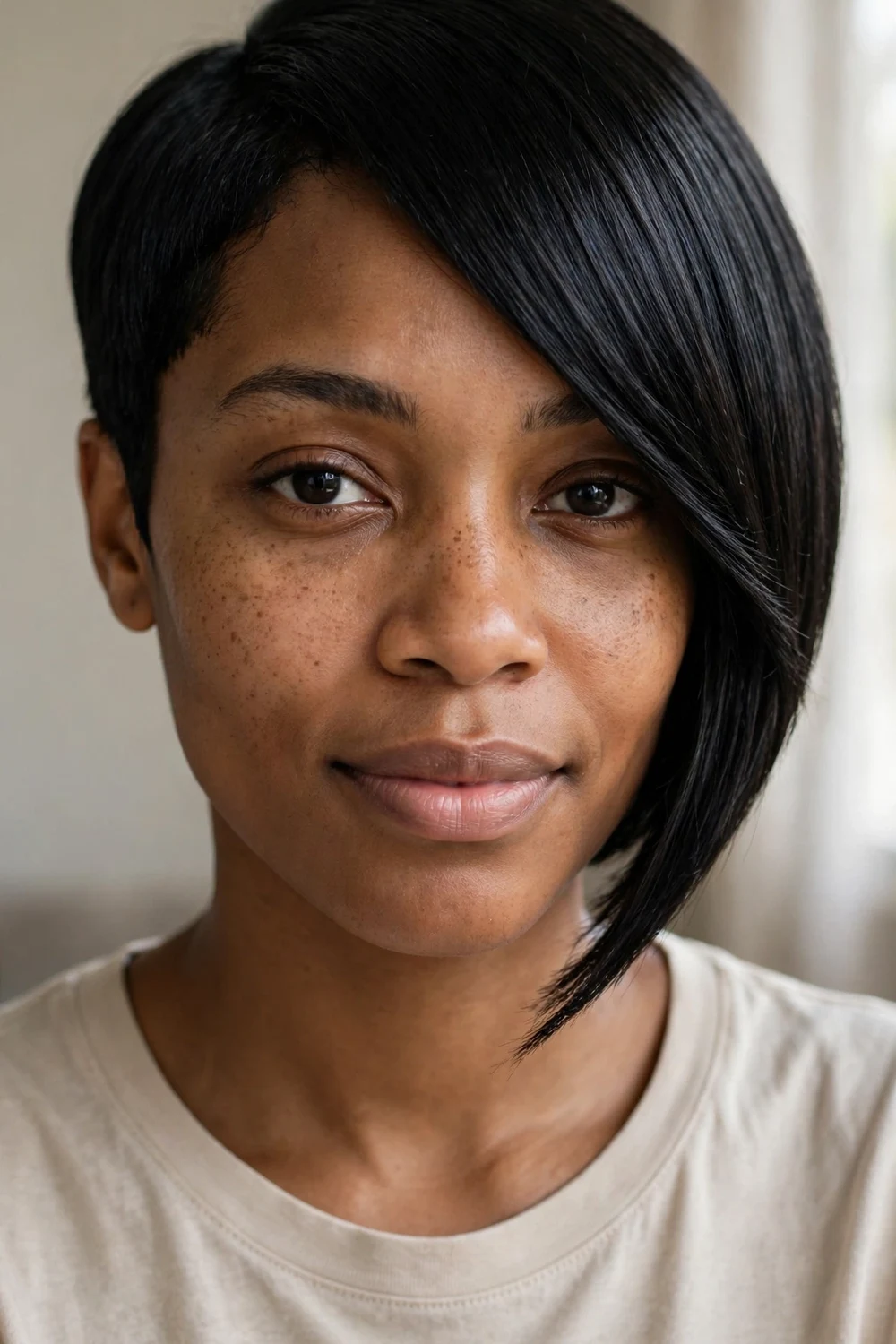Black woman with jet black asymmetrical bob with a mirror-gloss shine finish
