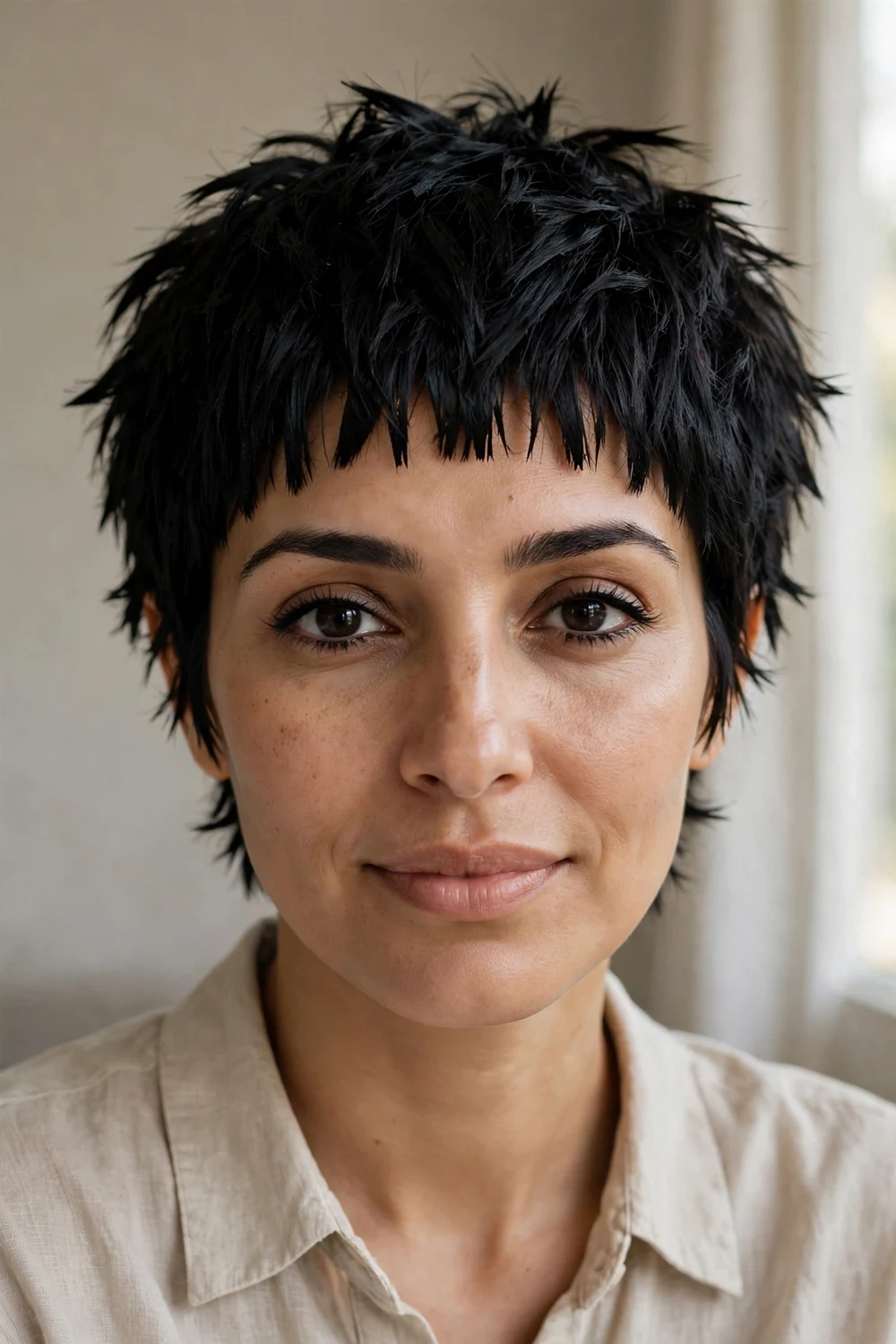 Jet black choppy pixie with sharp defined chunks and graphic choppy fringe