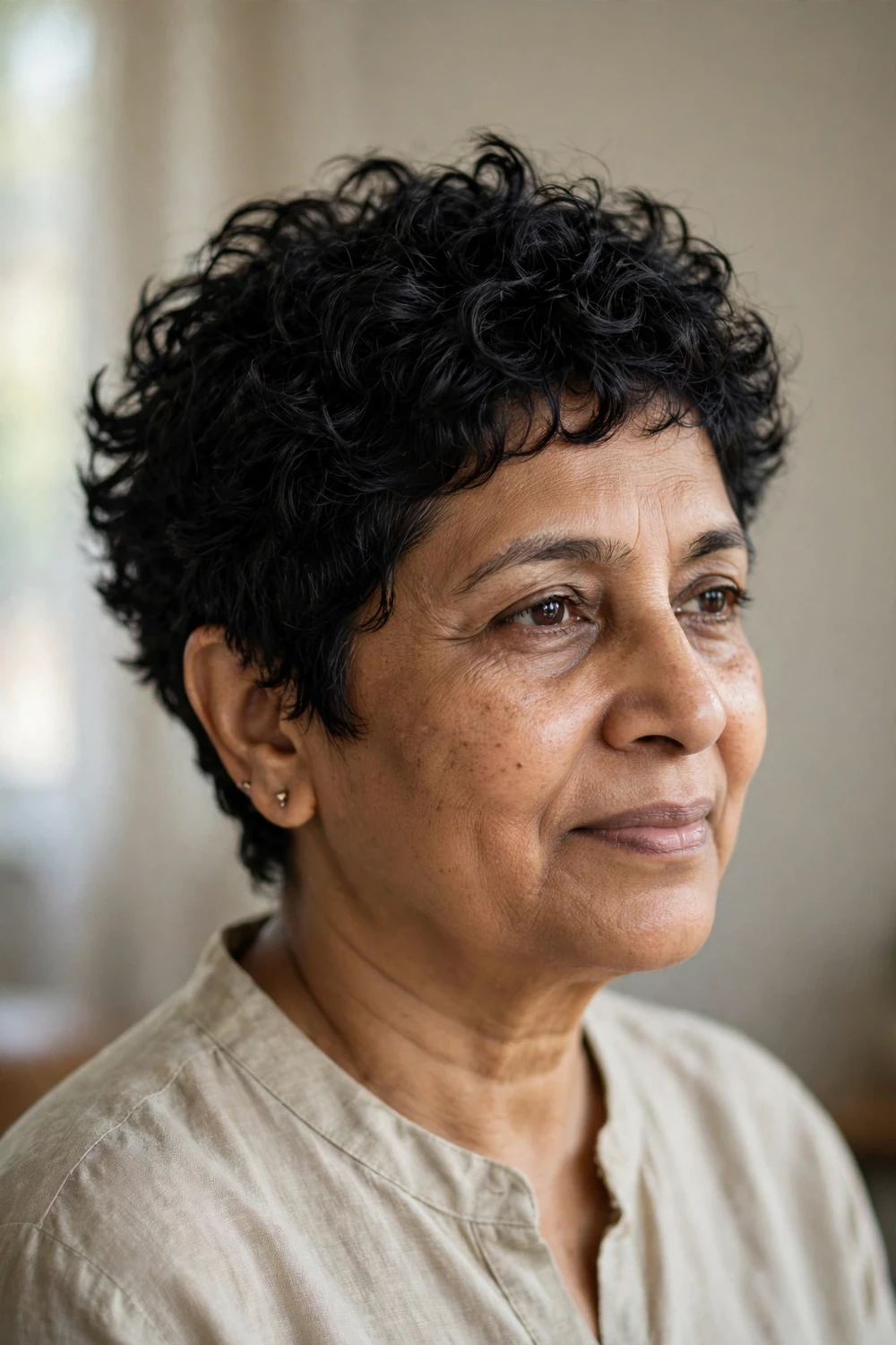 Woman in her 50s with a jet black cropped curly pixie, short bold black curls