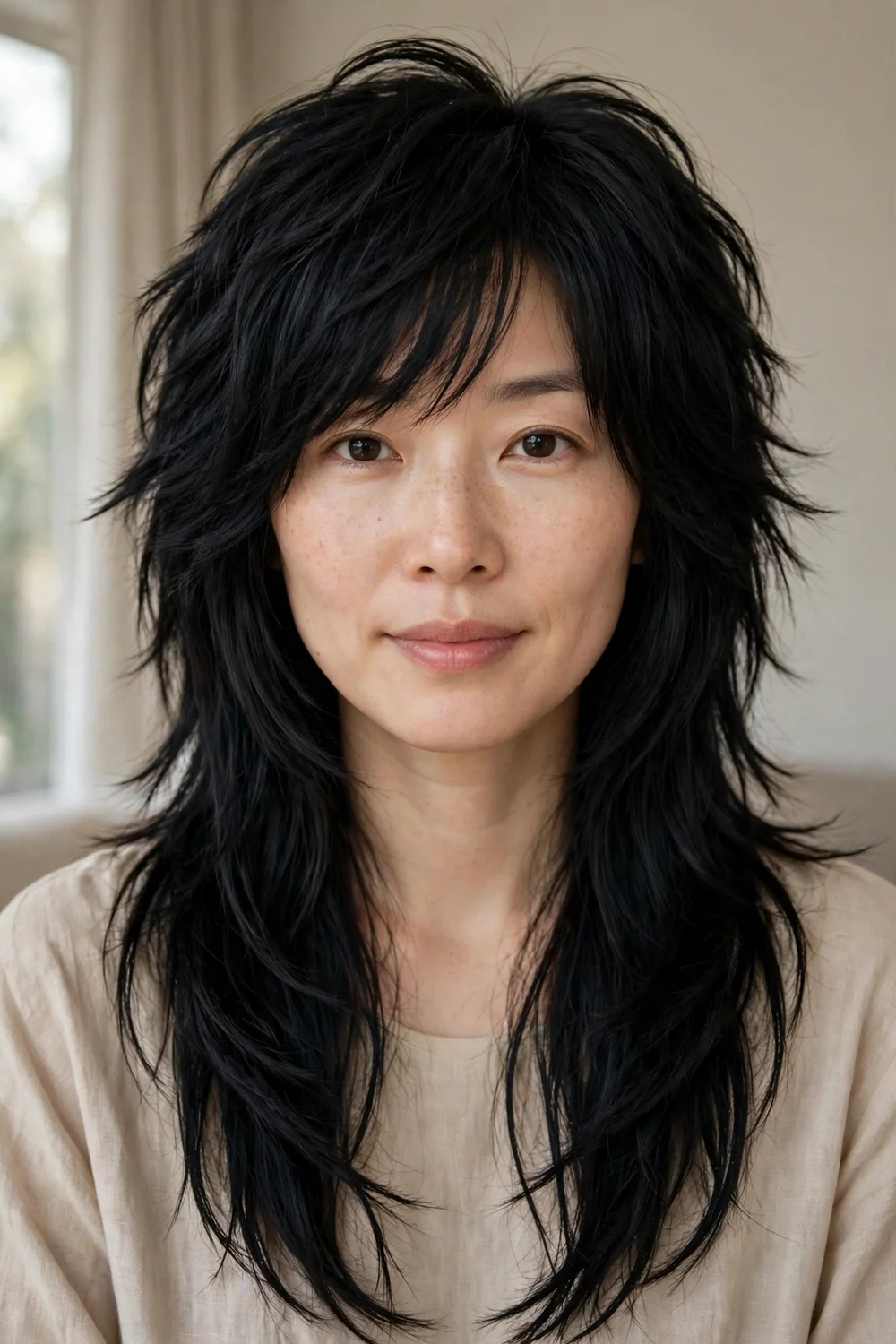 Jet black wolf cut with clean bold layers on long black hair
