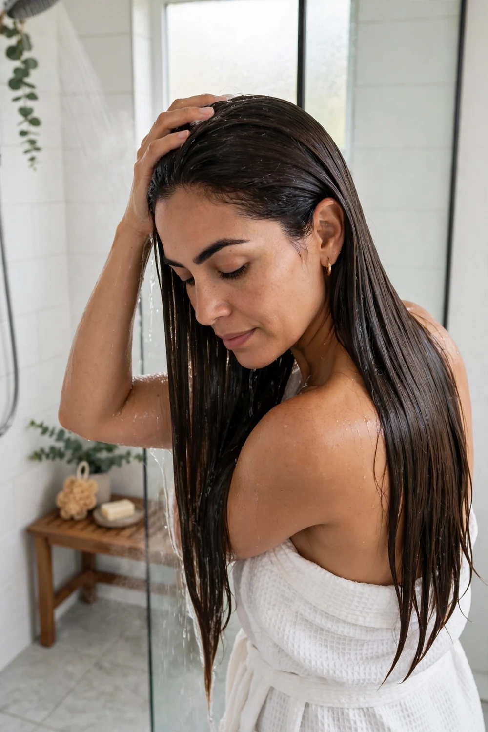 Woman gently washing her keratin-treated hair during aftercare