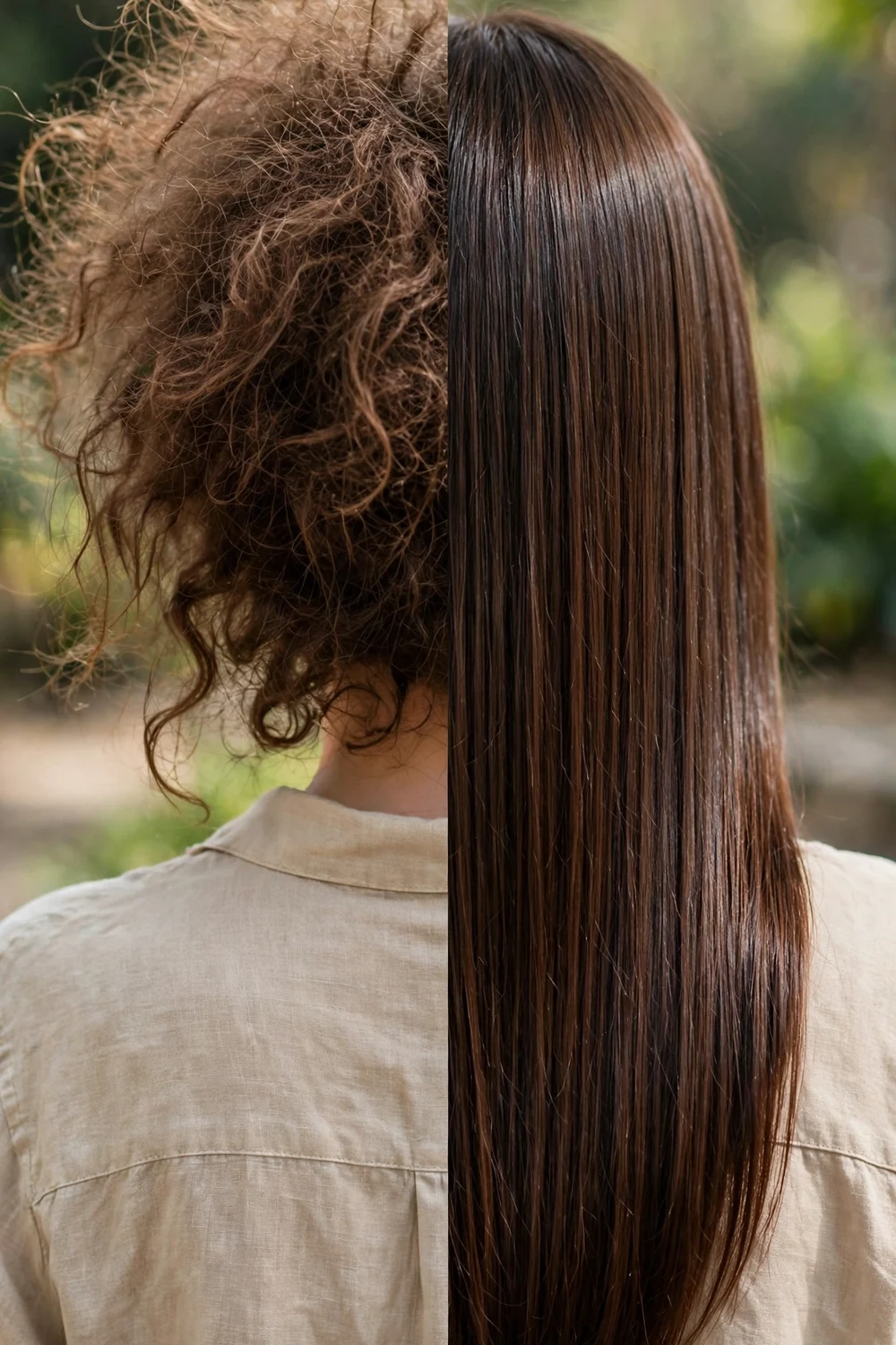 Before and after comparison of frizzy hair smoothed by keratin treatment