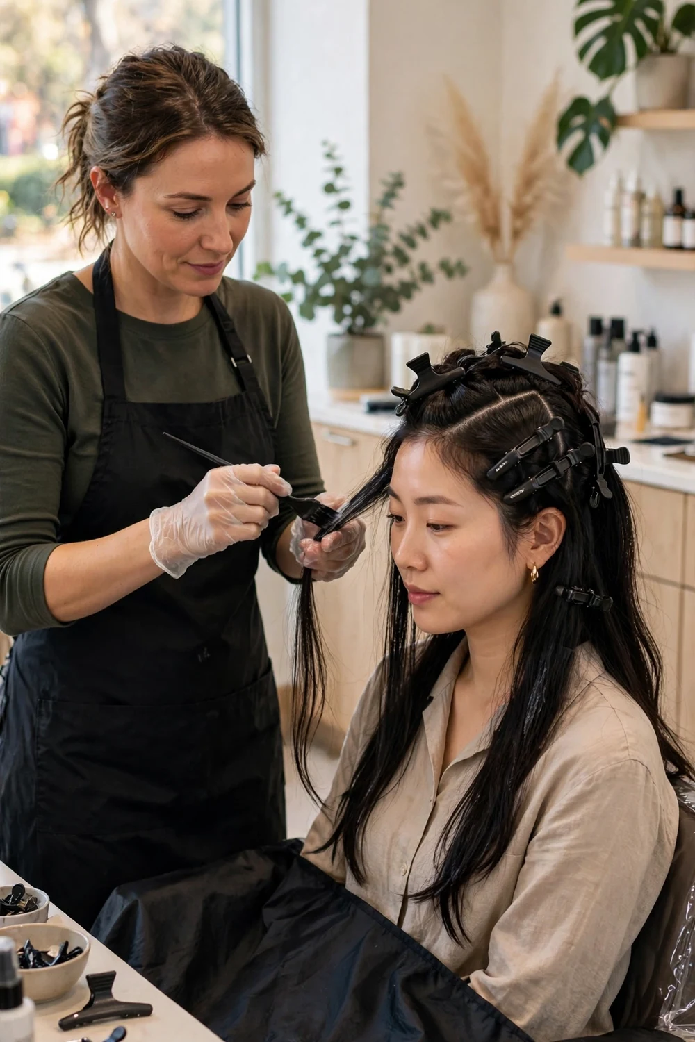 Stylist performing a keratin treatment on a client in a salon