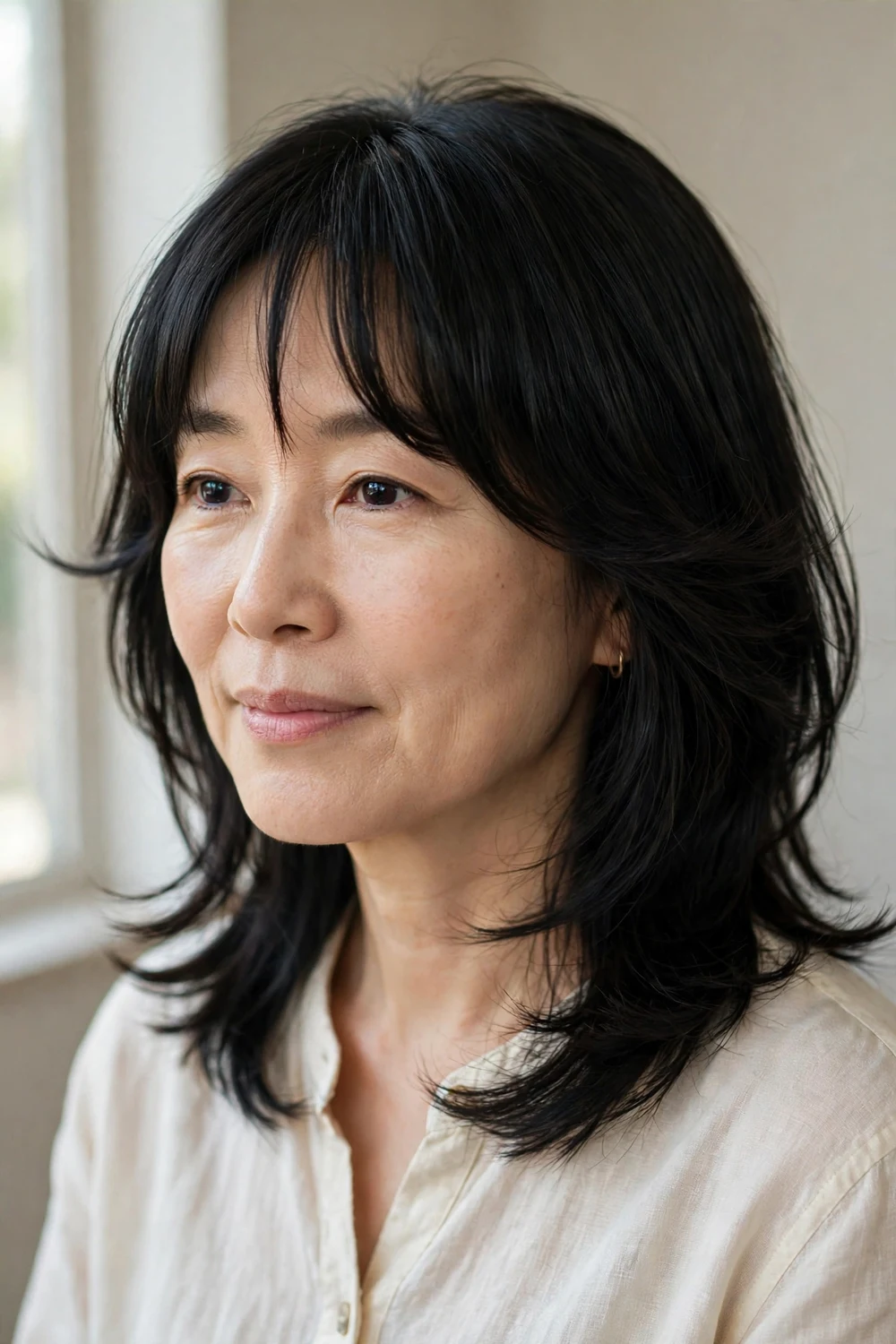 Woman with kitty cut and bottleneck bangs