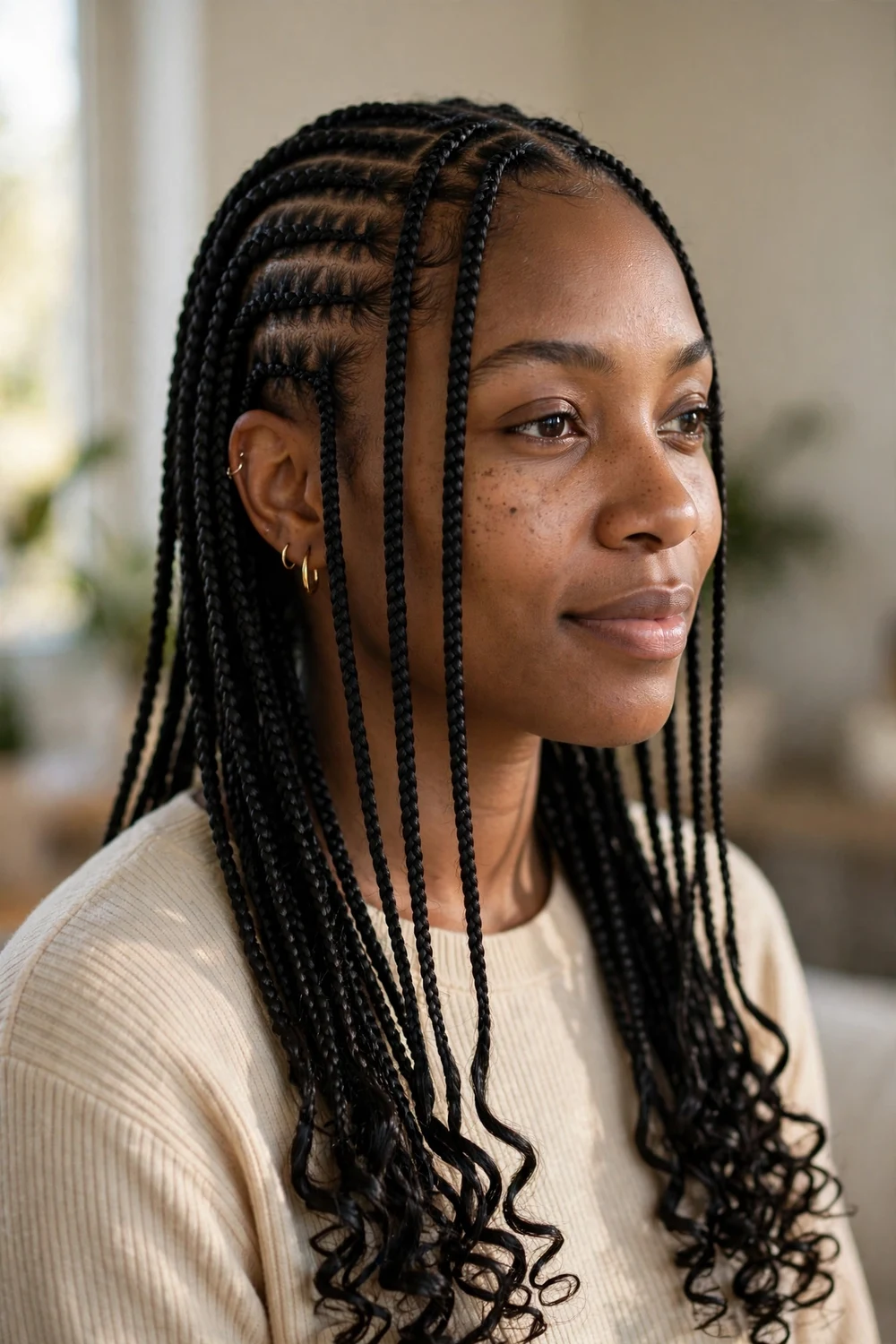 Thin knotless box braids with curled ends worn open
