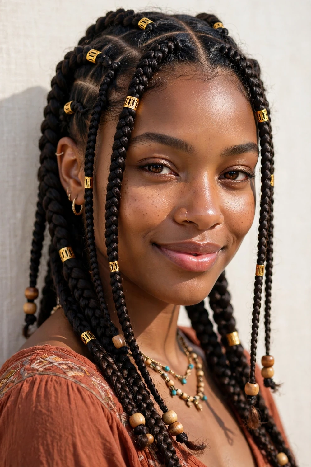 Close-up of knotless braids decorated with gold cuffs and wooden beads