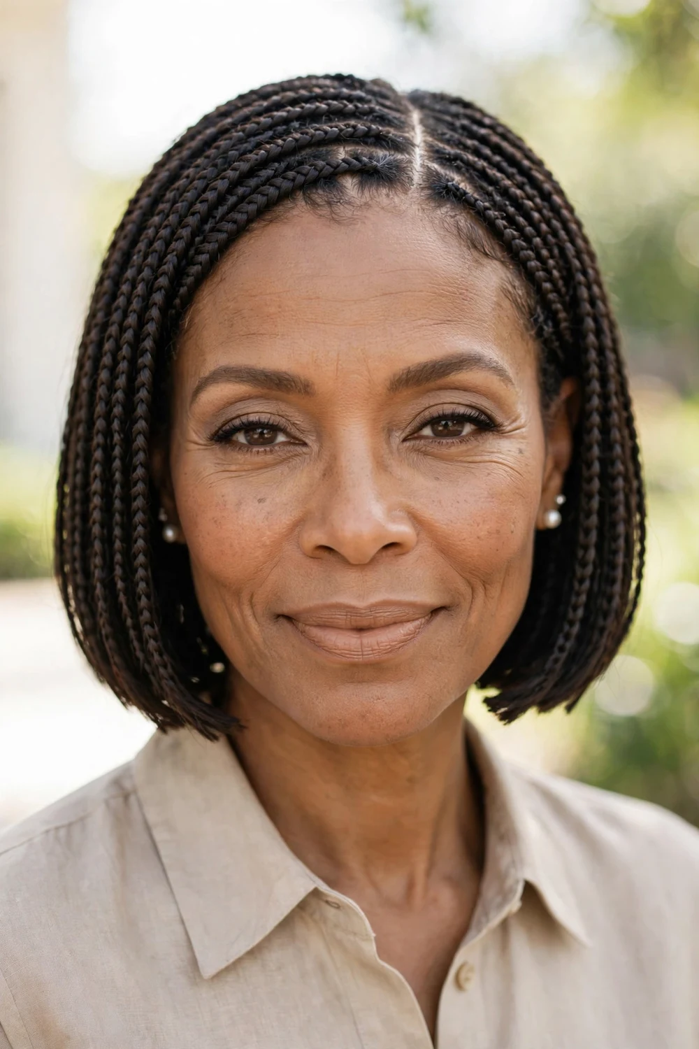 Woman with a chin-length knotless braids bob with blunt ends