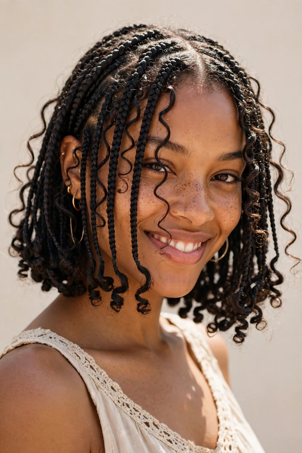 Woman with a chin-length boho knotless braids bob with curly pieces