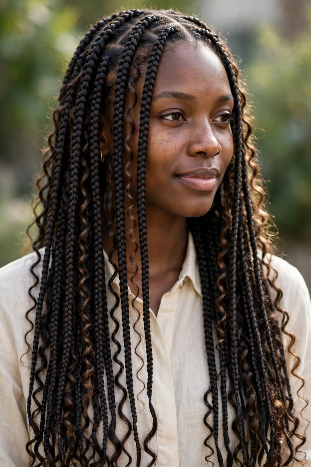 Woman with boho knotless braids with loose curly pieces throughout