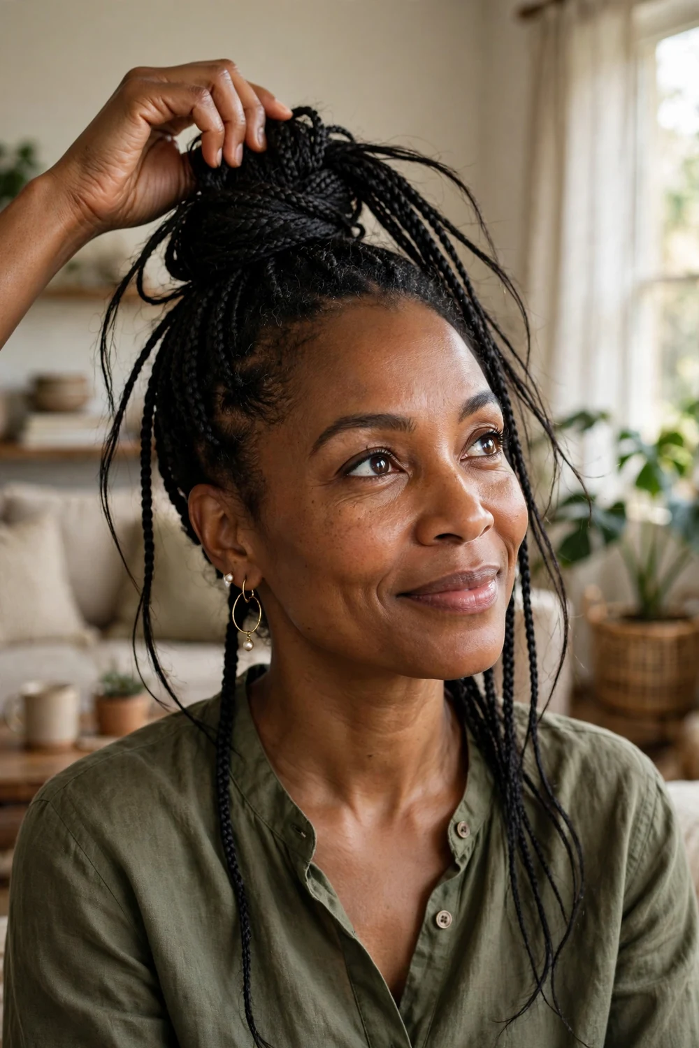 Woman styling her knotless braids in a loose top bun