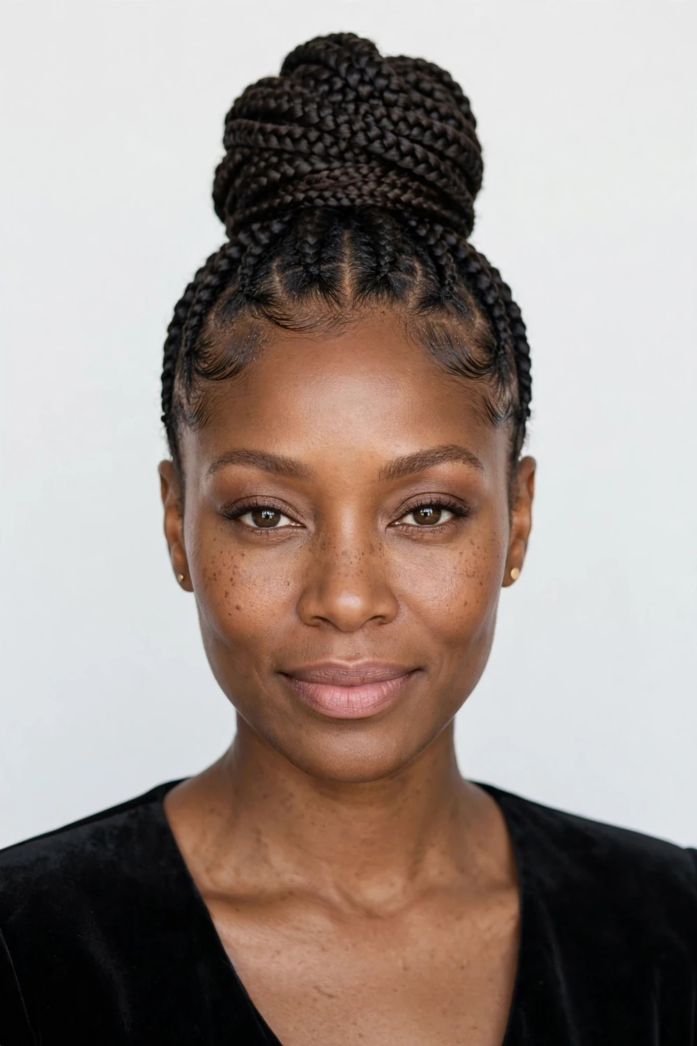 Woman with knotless braids styled into an elegant high bun updo