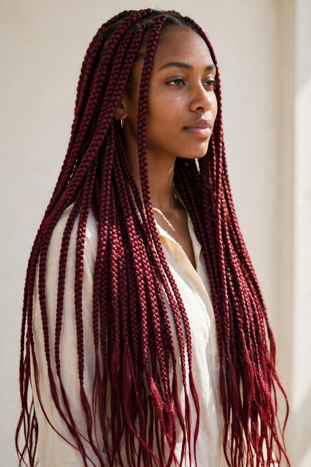 Woman with burgundy knotless braids at waist length