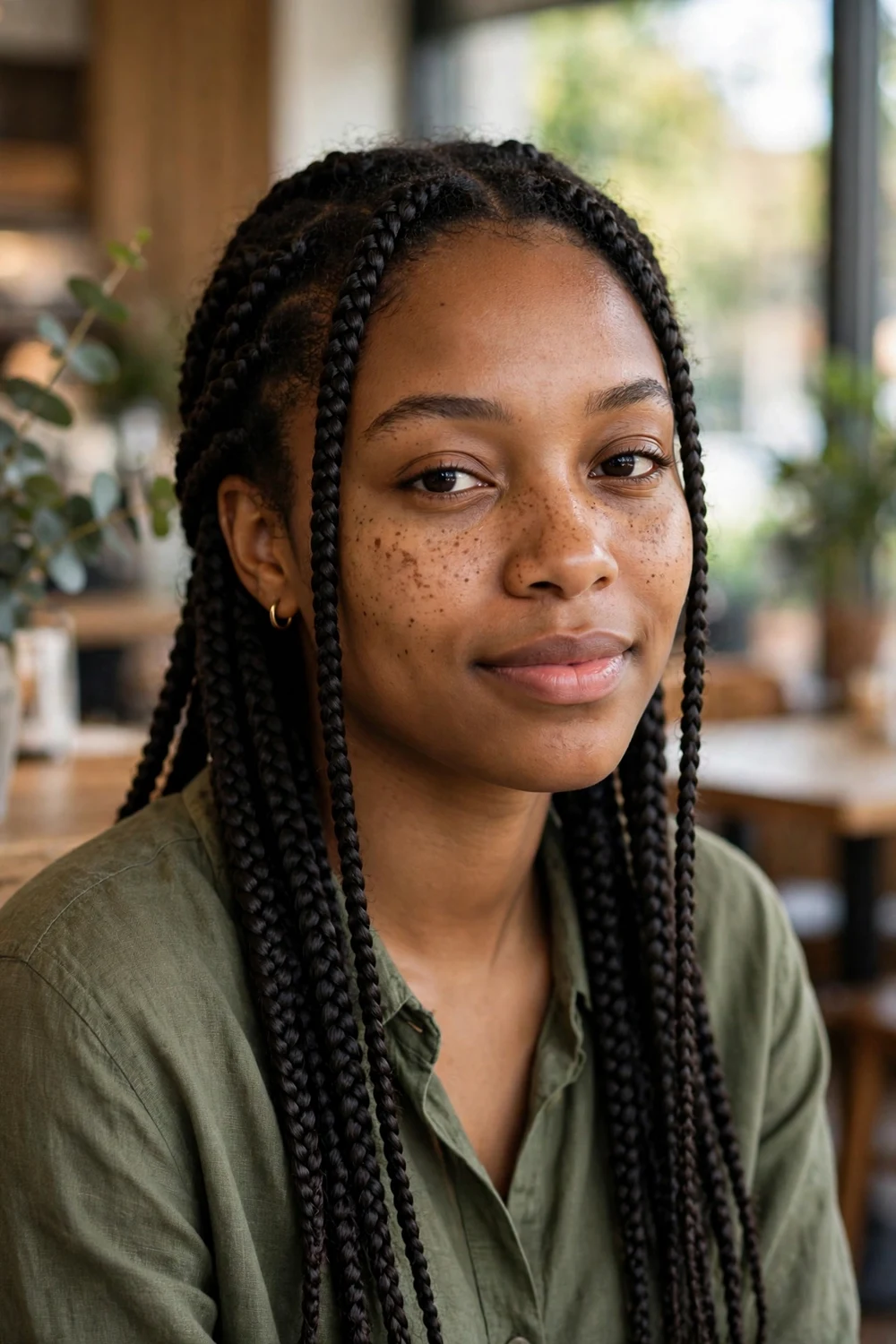 Woman with medium-size knotless braids installed with gentle tension