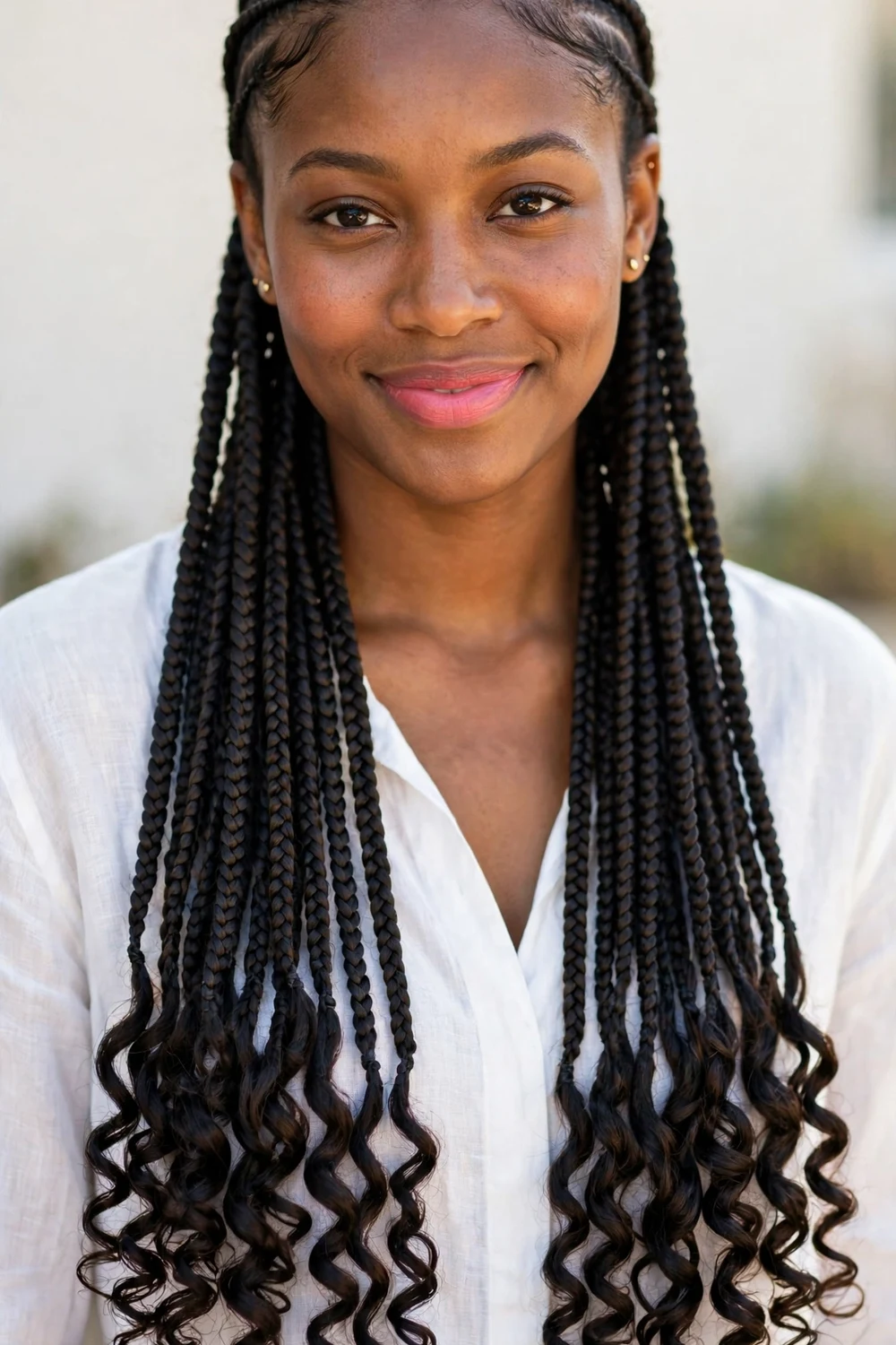 Woman with knotless braids transitioning to loose curly ends