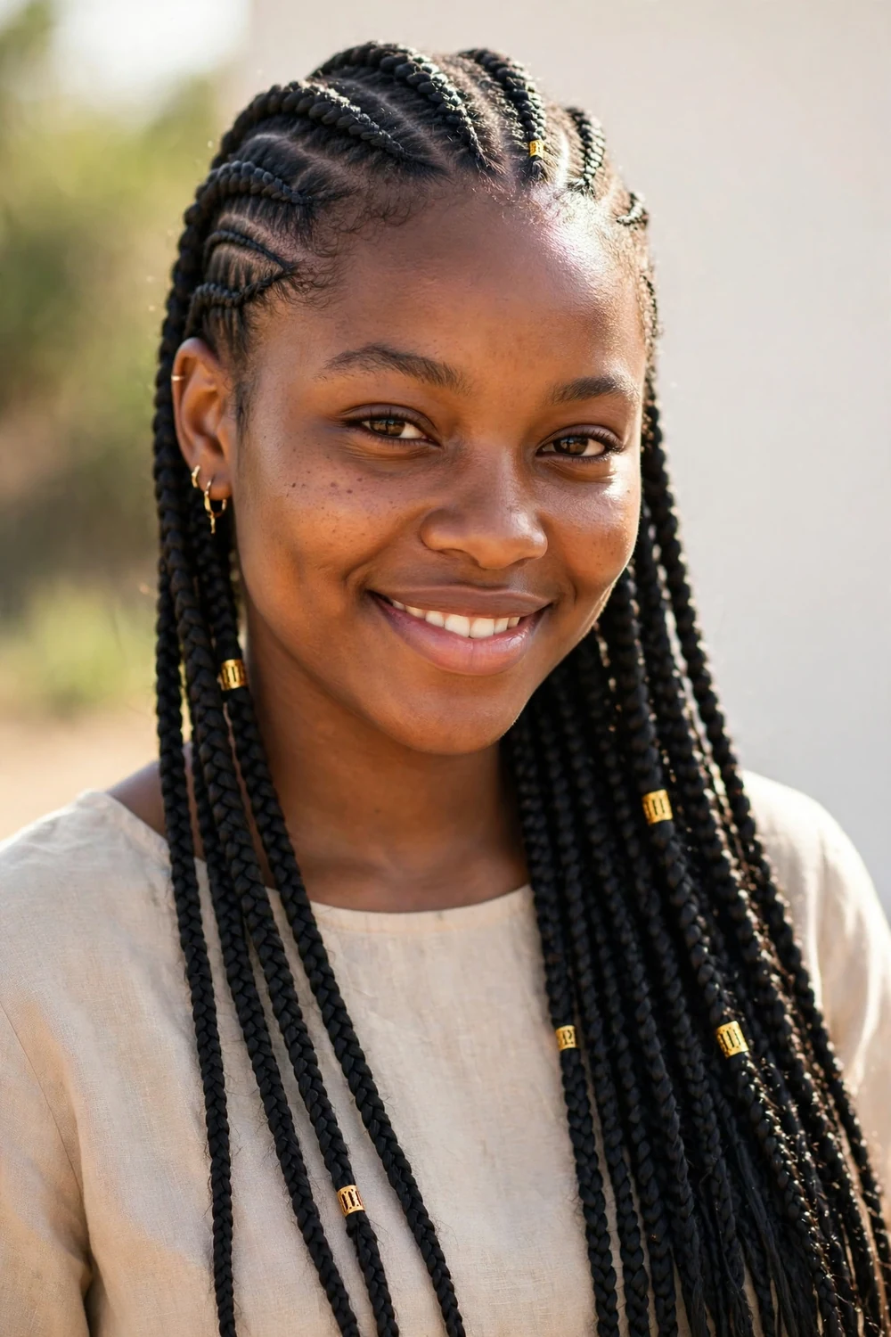 Woman with knotless Fulani braids with cornrow pattern on the scalp