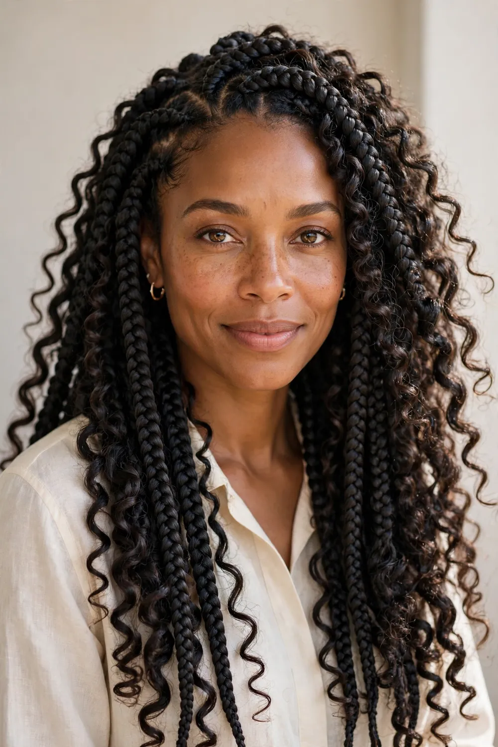Woman with goddess knotless braids with thick curly strands mixed in