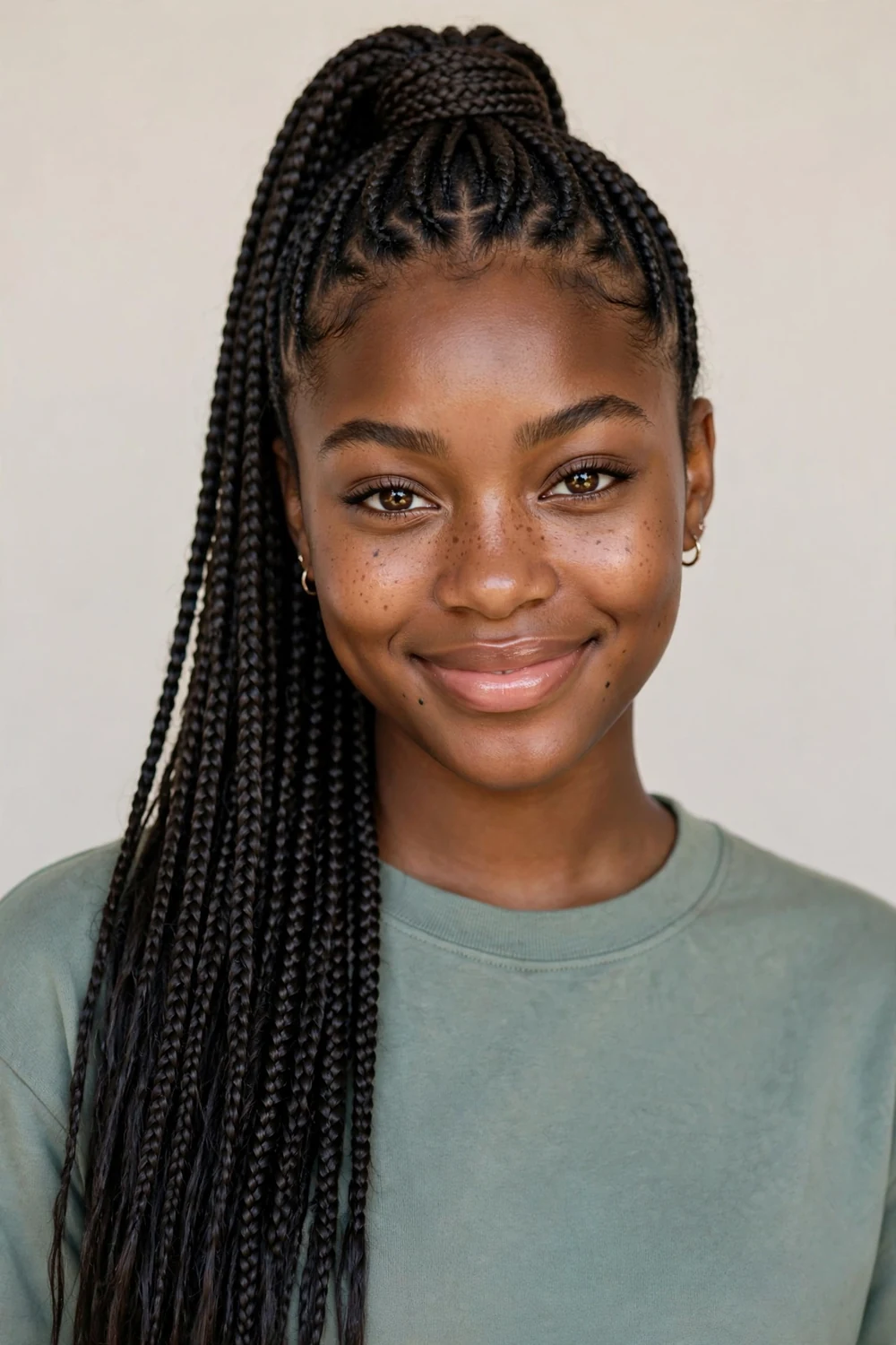 Woman with long knotless braids styled in a high ponytail