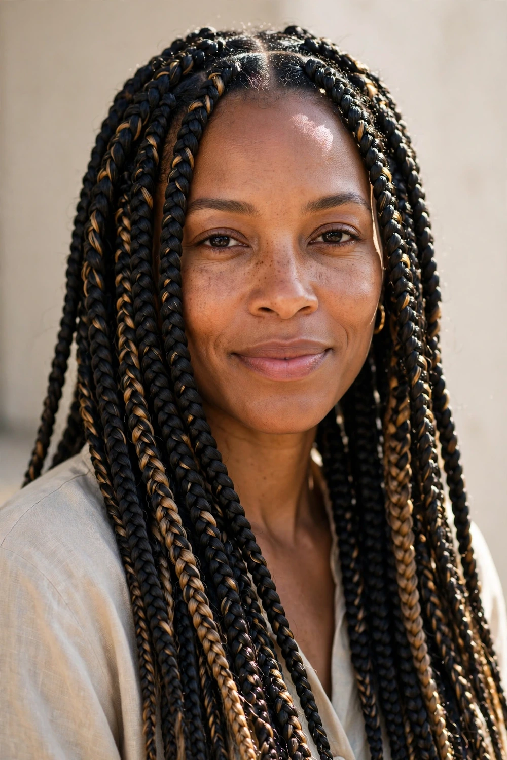 Woman with black knotless braids with caramel highlight streaks