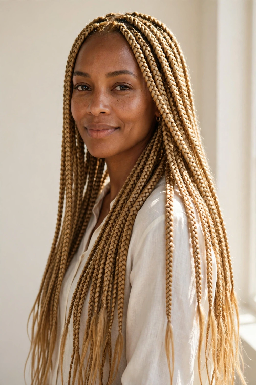 Woman with honey blonde knotless braids at mid-back length