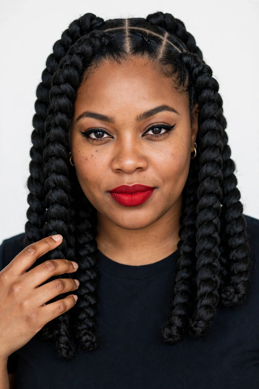 Woman with jumbo knotless braids in a bold statement style