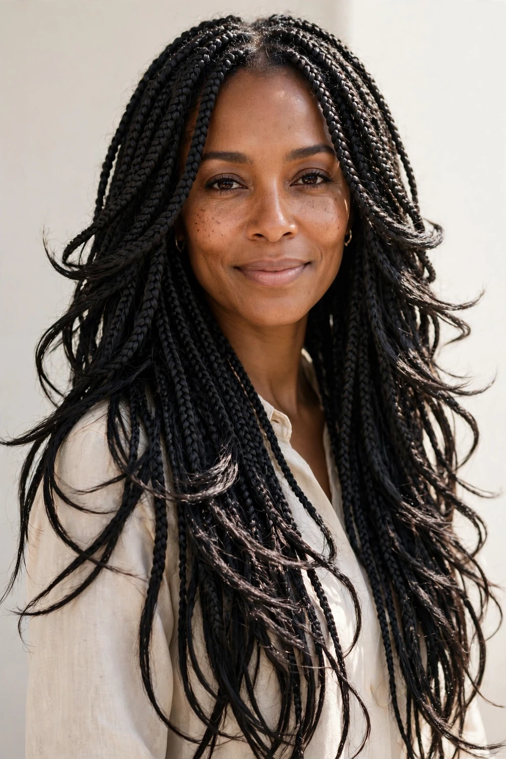 Woman with layered knotless braids framing the face with movement