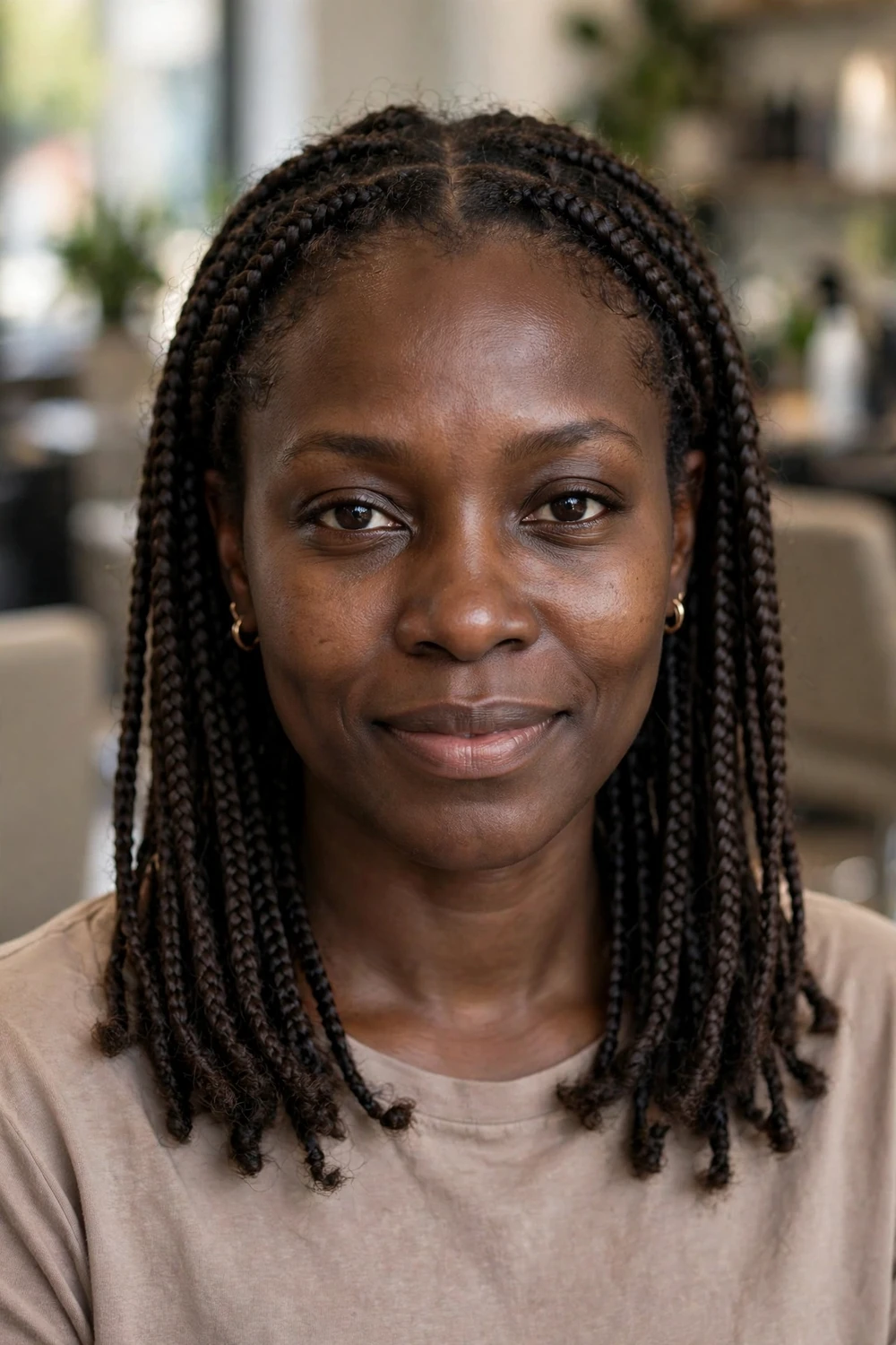 Black woman with medium-length knotless braids, natural-looking roots