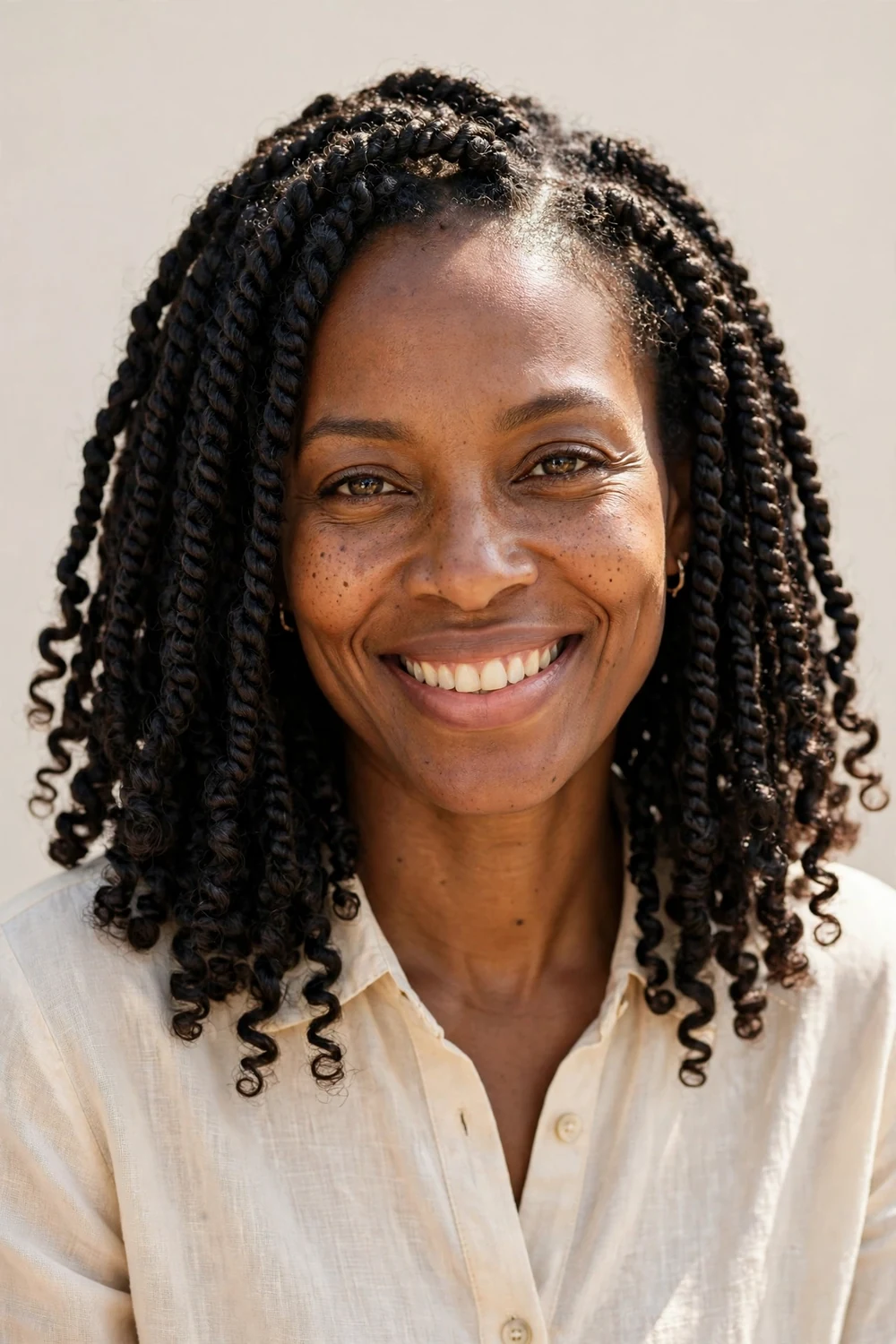 Woman with knotless passion twists with soft springy texture