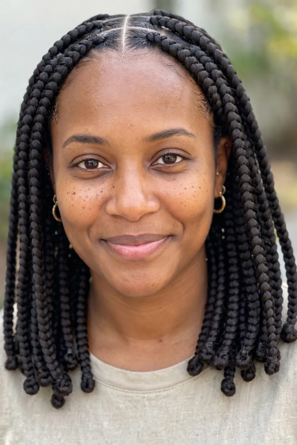 Woman with shoulder-length knotless braids in a lightweight everyday style