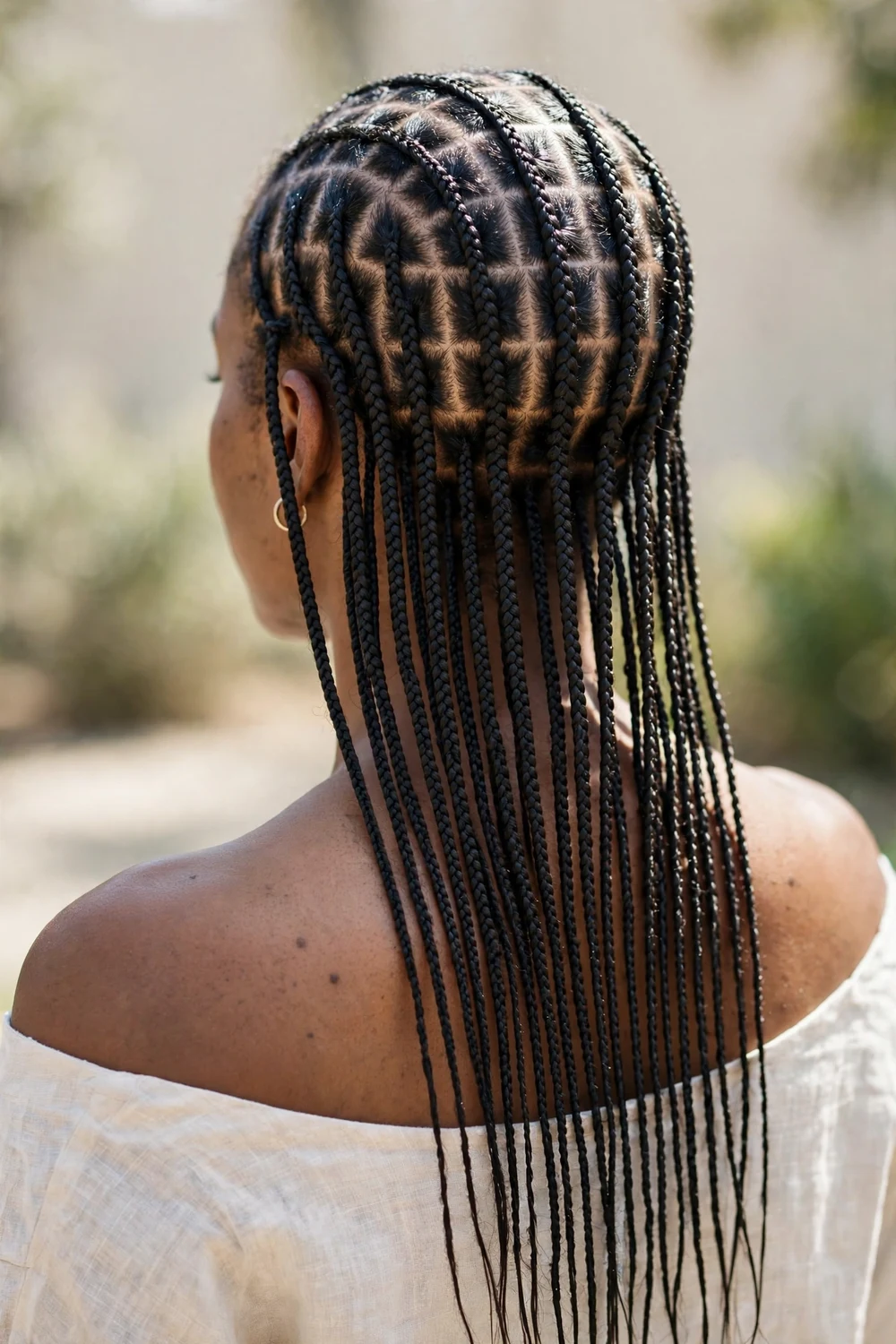 Back view of small knotless braids with precise neat parts