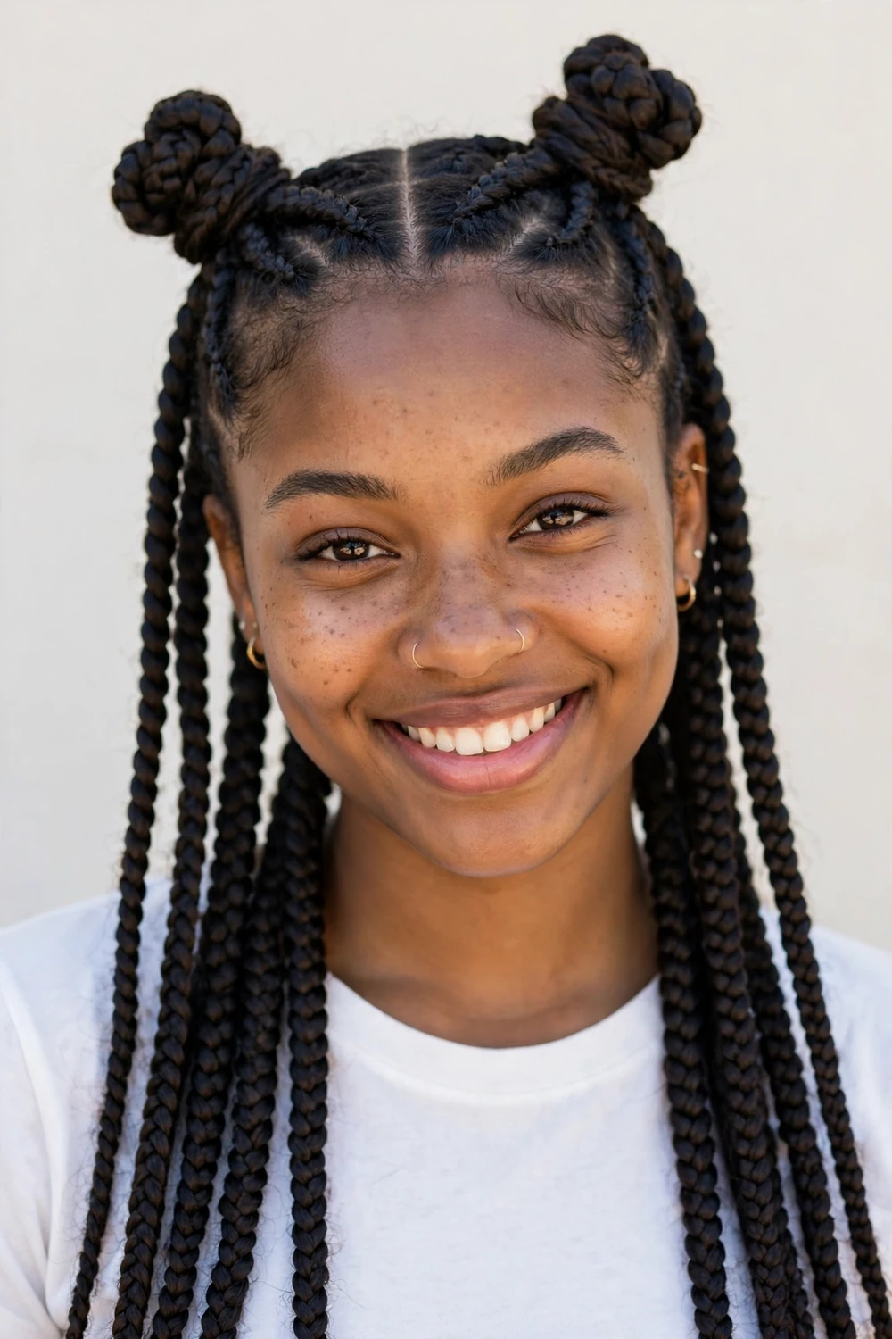 Woman with knotless braids styled into two playful space buns