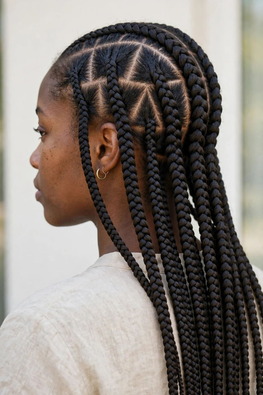 Close view of knotless braids with geometric triangle parts at the scalp