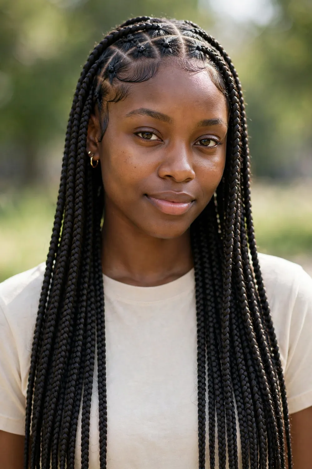 Woman with classic waist-length medium knotless braids with neat parts
