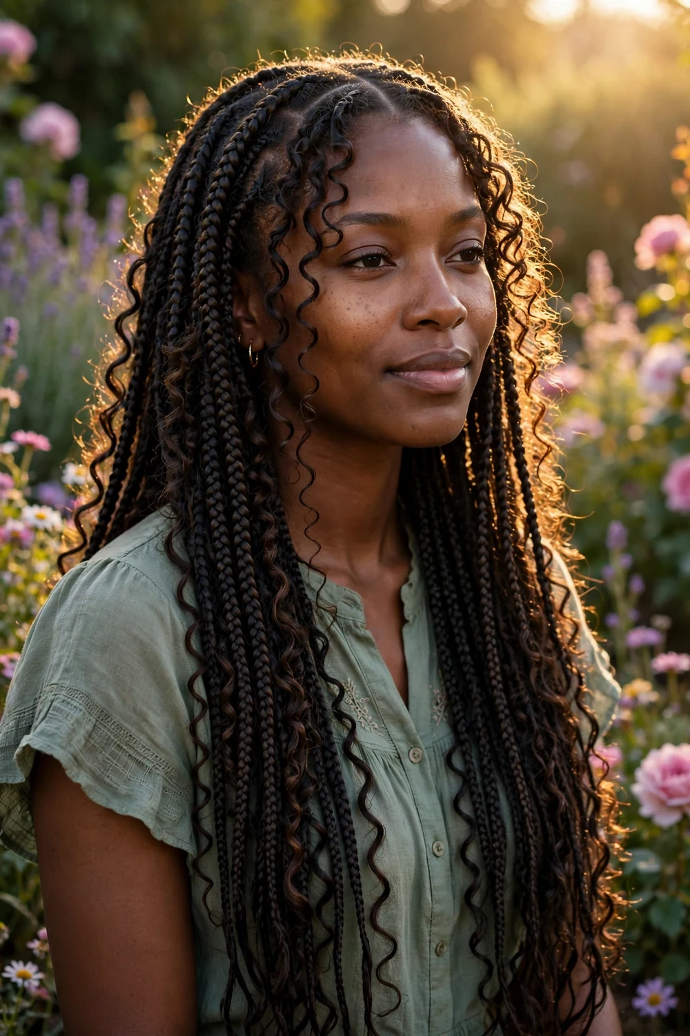 Woman with long knotless goddess braids with curls woven throughout