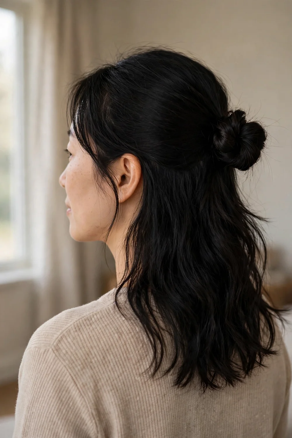 Woman with black medium-length hair in a knotted half-up style