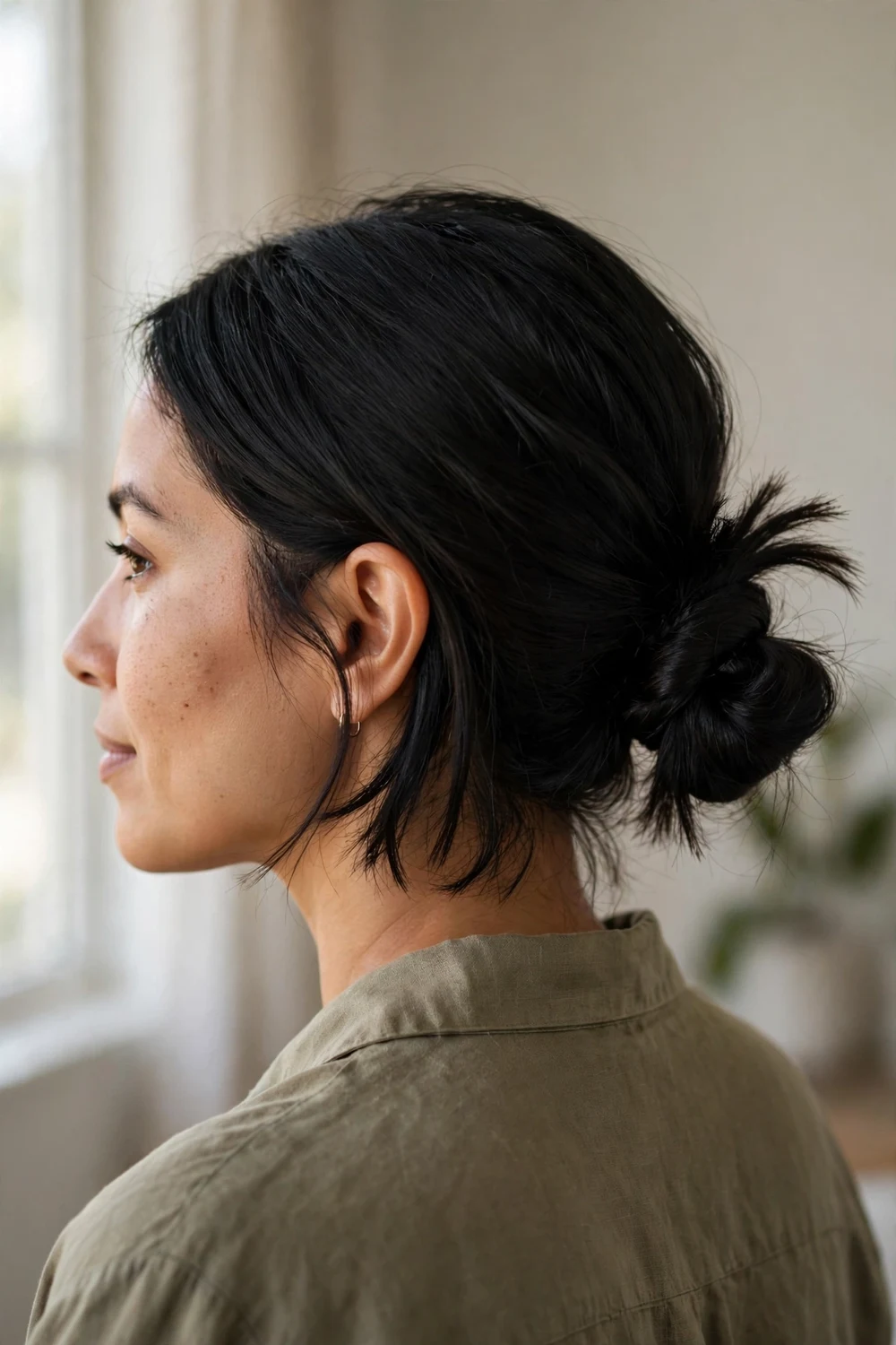 Hair tied in a loose knot at the nape on a chin length black bob