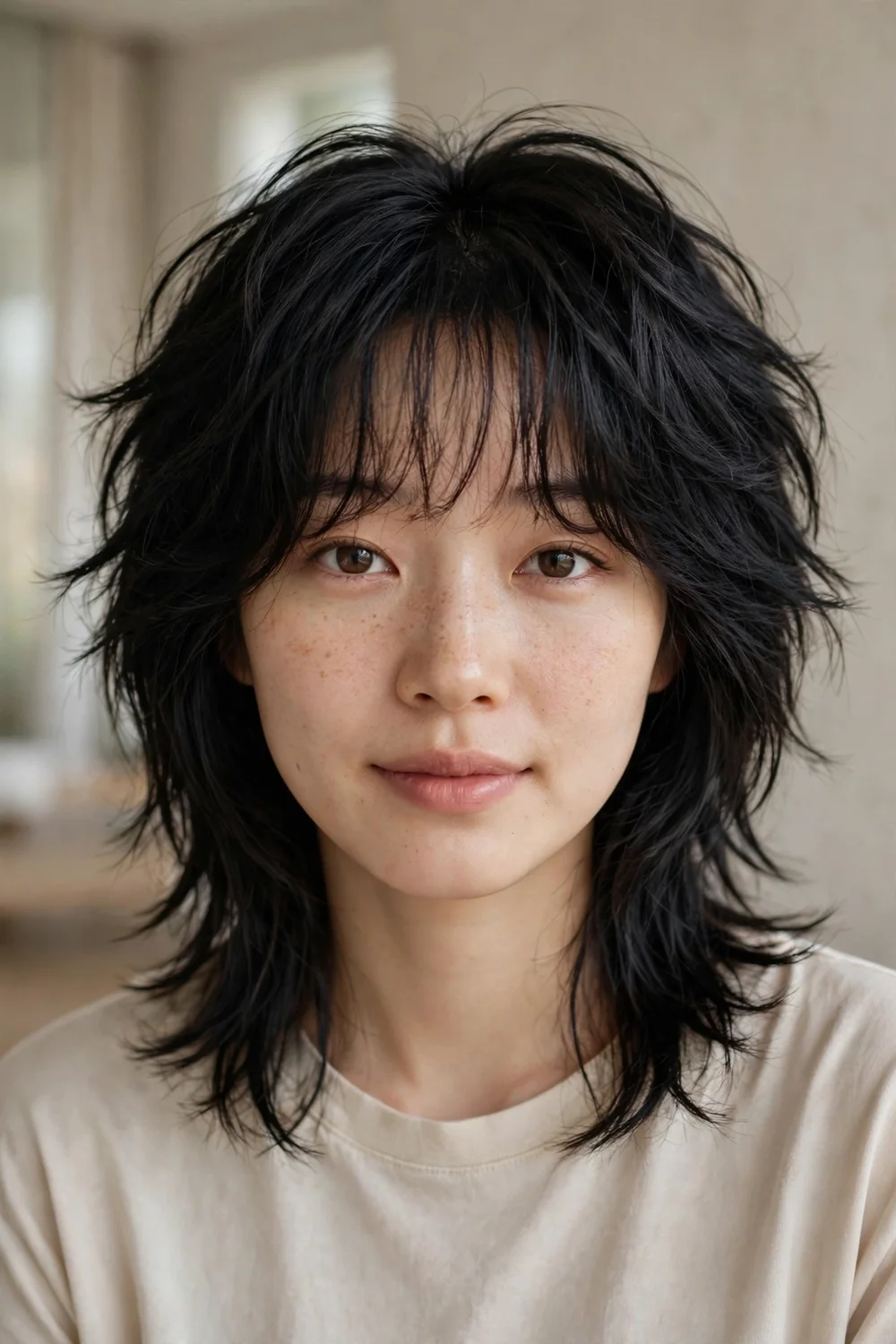Korean tousled wolf cut with wispy layers and soft bangs on black medium hair