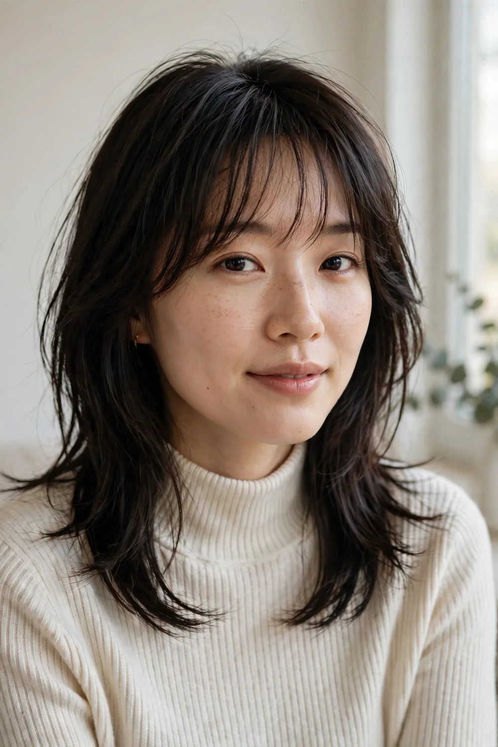 Korean wolf cut hairstyle with airy bangs and silky layered hair
