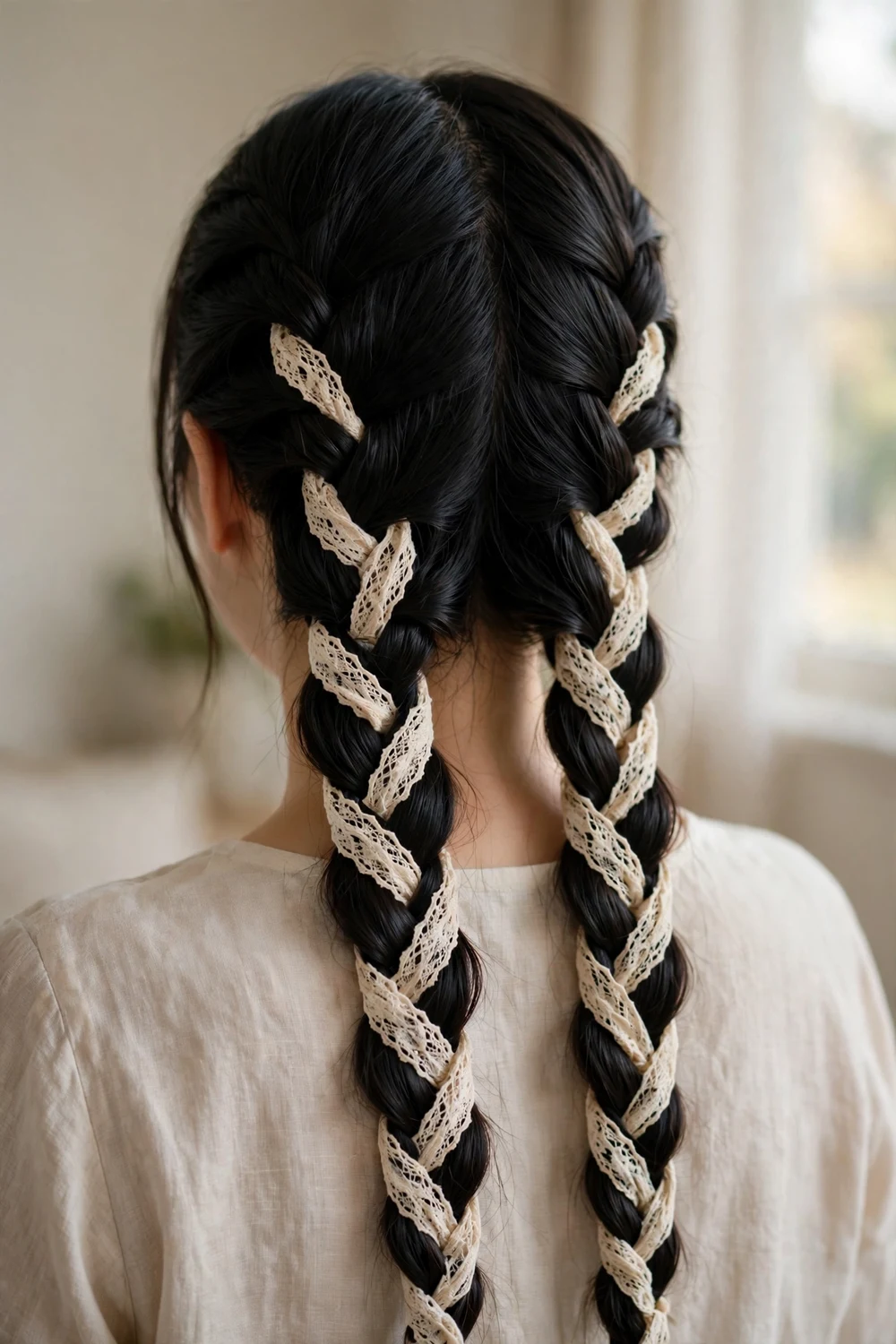 Two French braids with lace ribbon woven between the sections
