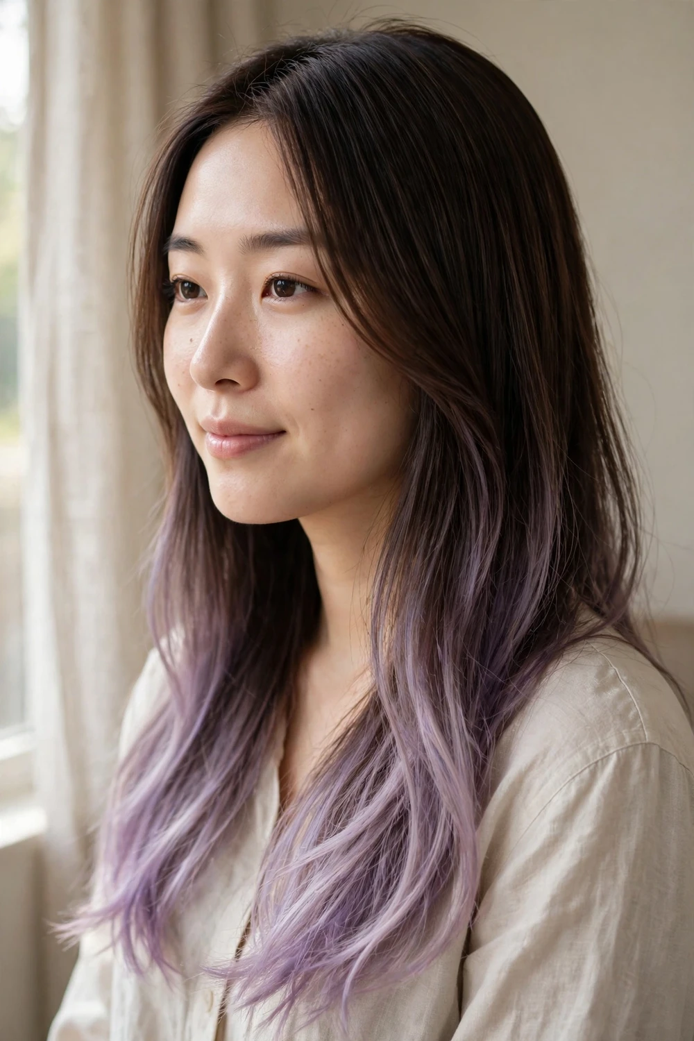 Long straight brunette hair with soft lavender lilac balayage at the ends