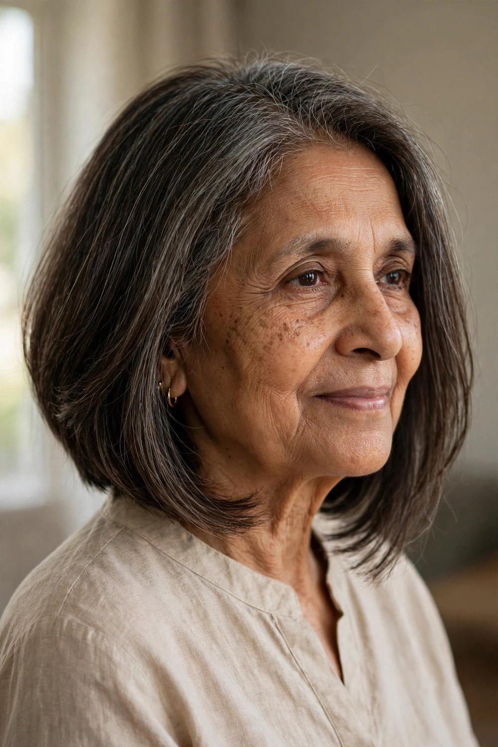 Layered A-line bob with angled shape on a woman over 60 with fine hair