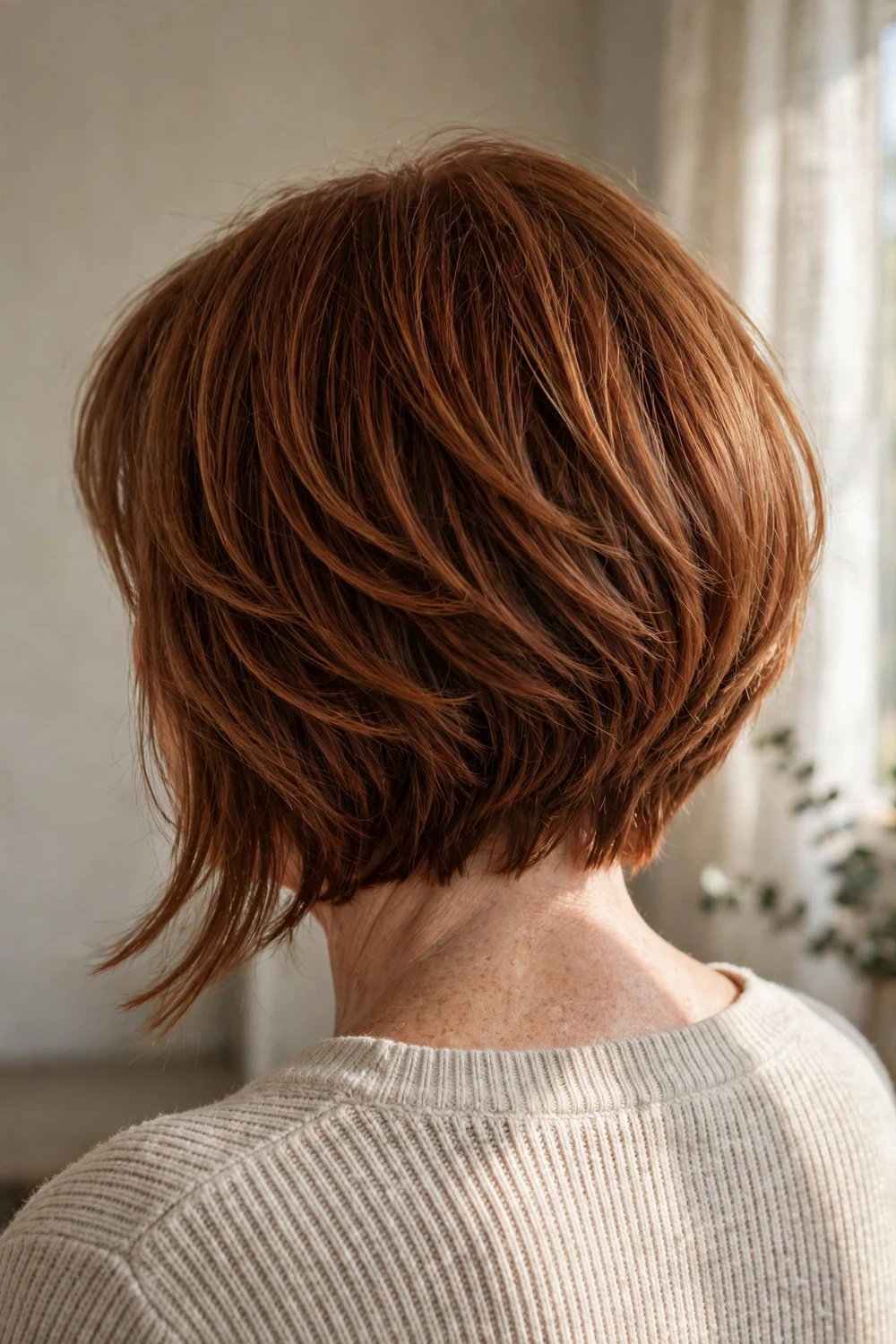 Layered angled bob on a woman with a round face, auburn hair with graduated interior layers