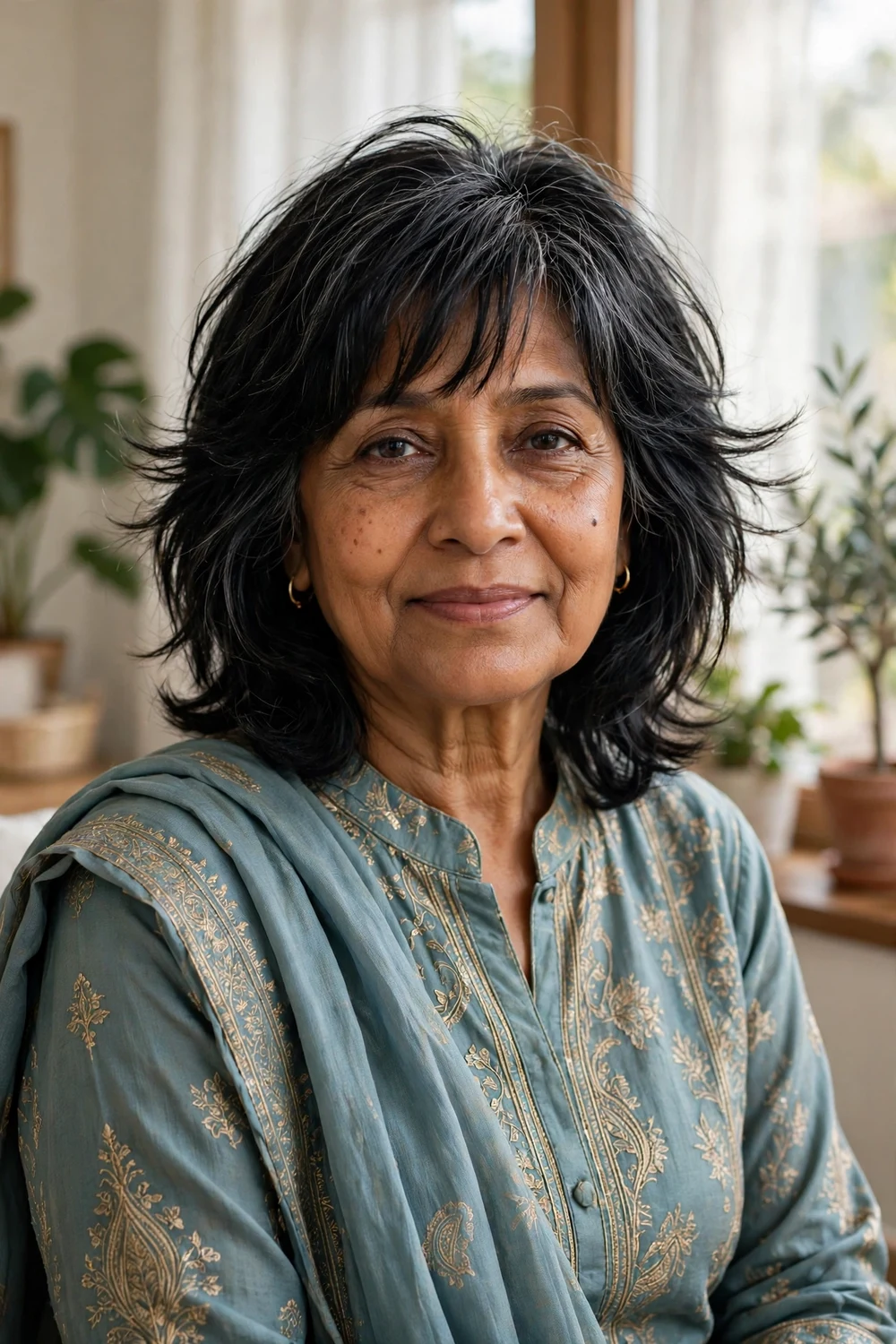 South Asian woman in her early 60s with black layered bangs
