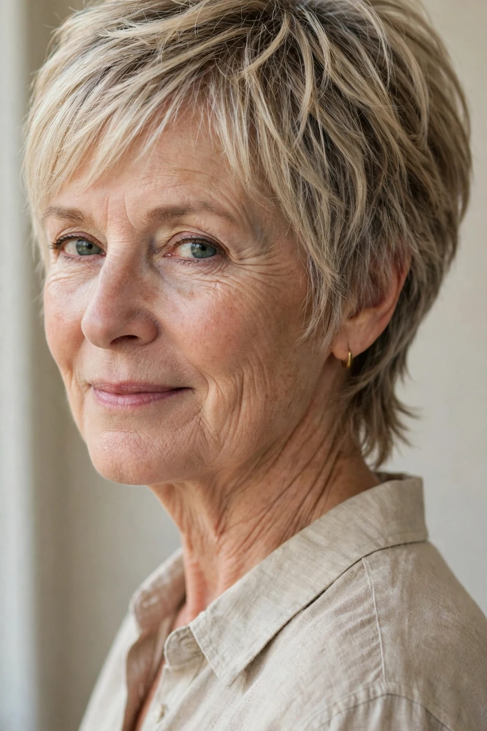 Woman over 50 with a layered bixie haircut blending bob and pixie for thin hair volume