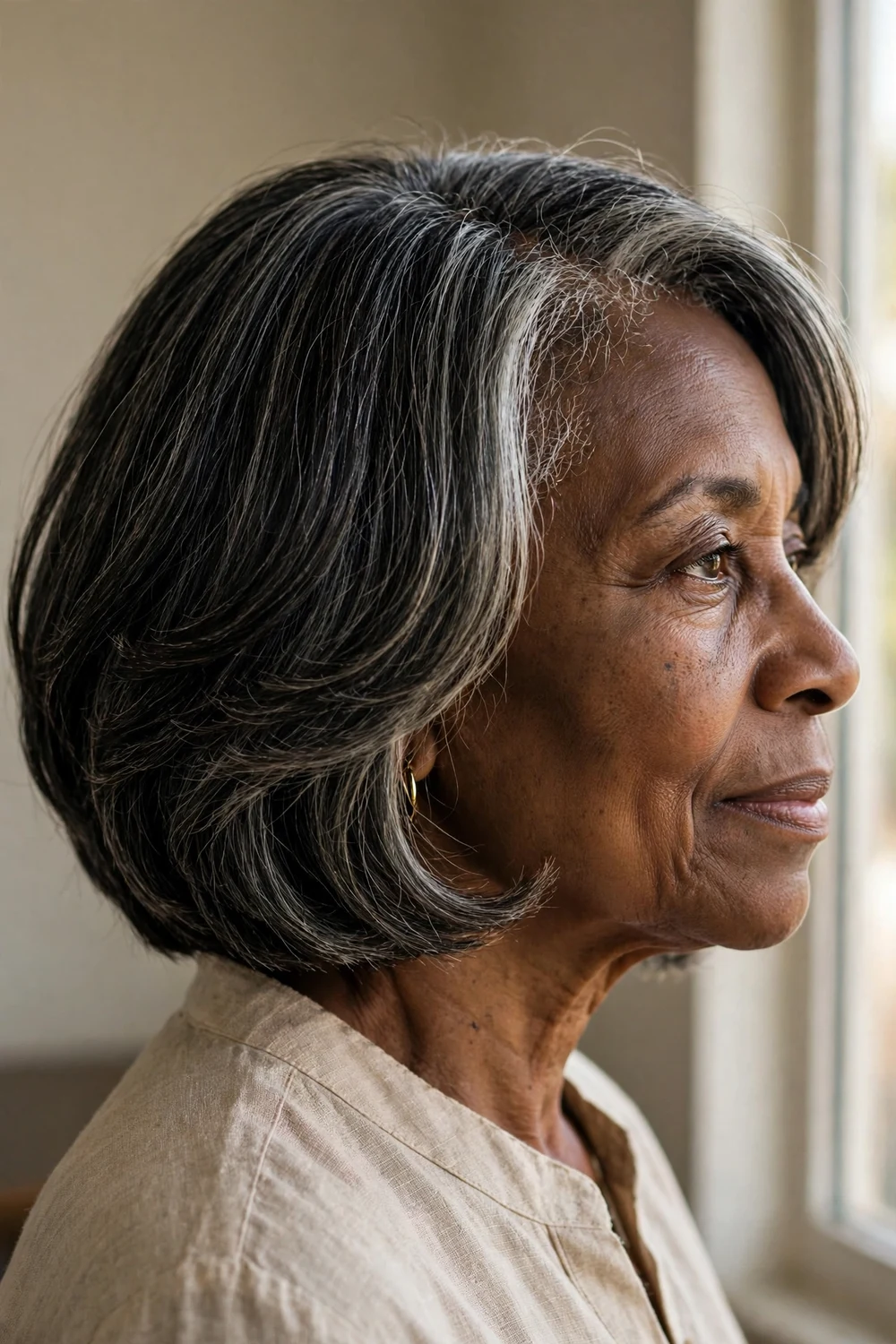 Woman over 50 with a classic layered bob