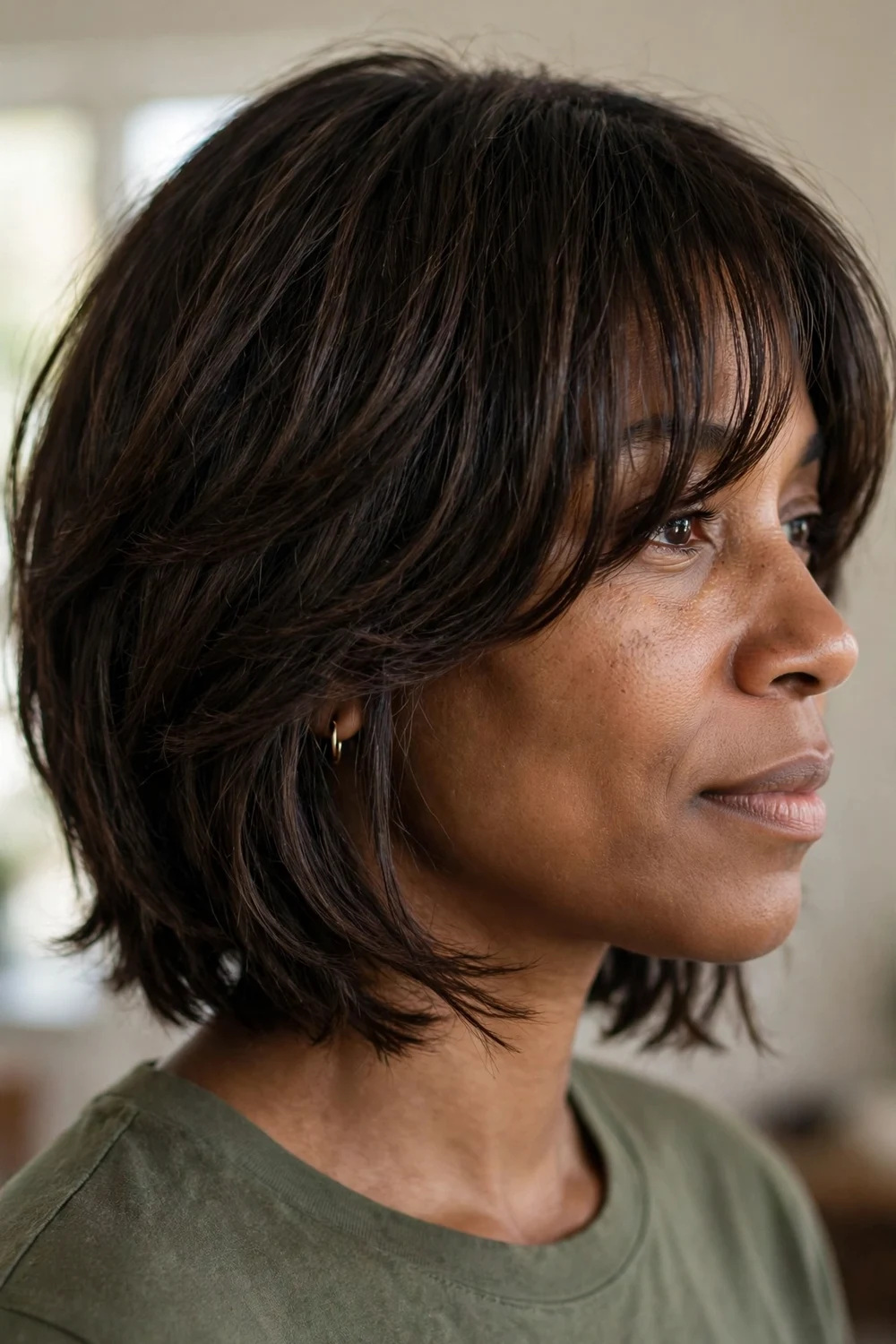 Layered bob with eye-grazing fringe on thin hair
